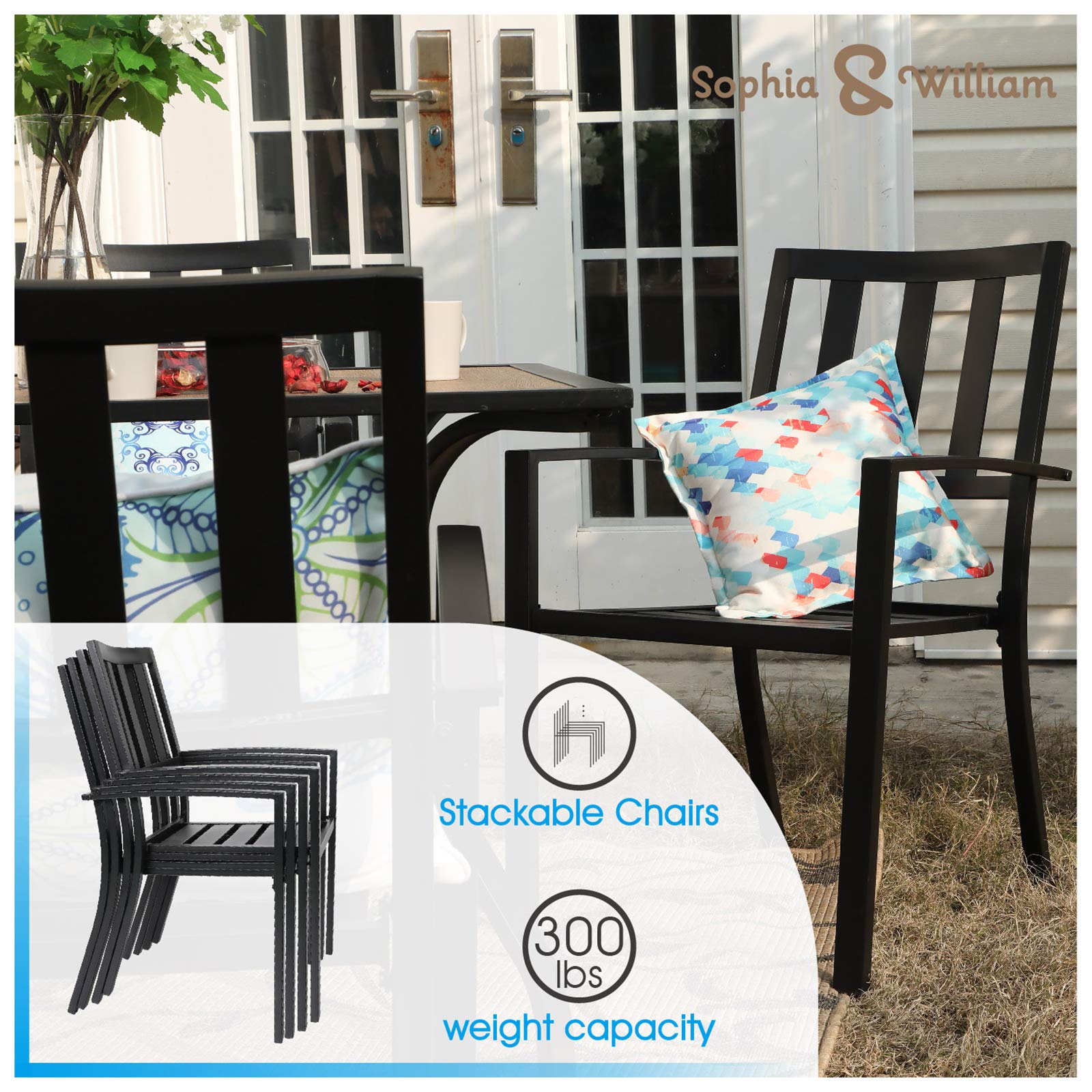 Sophia & William 5-Piece Black Outdoor Patio Dining Set - Round Bistro Table with 4 Stackable Metal Chairs | Perfect for Backyard, Garden, Deck & Poolside Entertaining