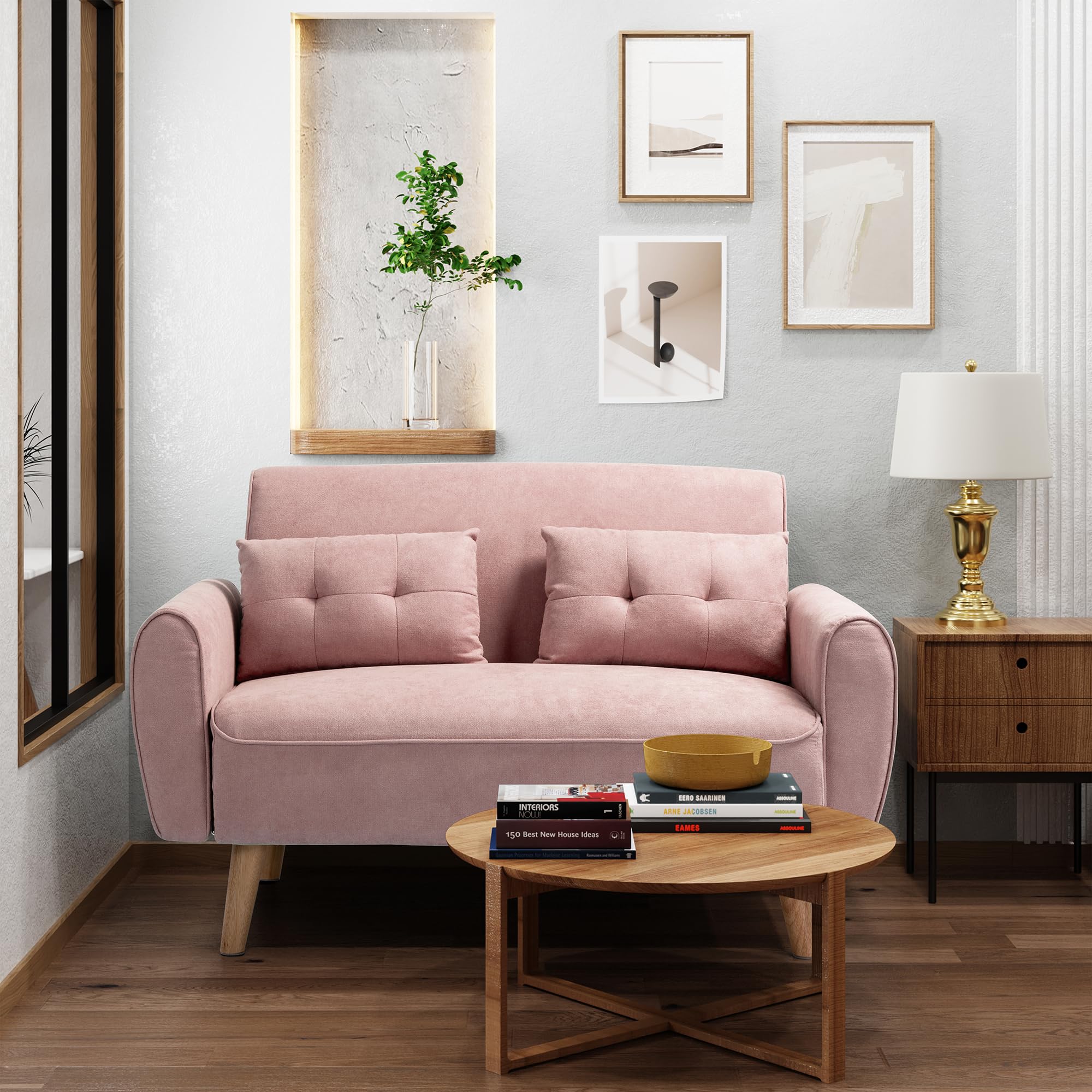 Mid Century Modern Loveseat Sofa - 2-Seat Fabric Upholstered Small Couch for Living Room, Apartment & Studio - Compact Space-Saving Furniture with 2 Decorative Pillows (Pink) - Perfect for Cozy Reading Nooks, Small Lounge Areas & Studio Apartments