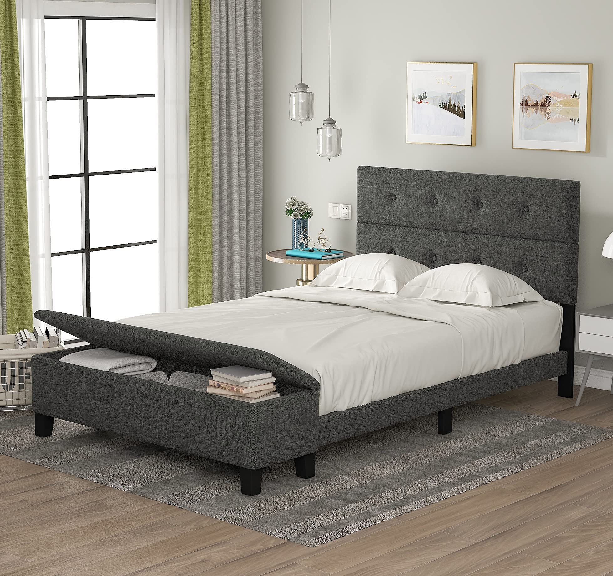 Tufted Panel Storage Bed Frame - Full Size Platform Bed with Underbed Storage, Grey Upholstered Bed for Small Spaces & Bedroom Organization - Perfect for Apartments, Dorms & Guest Rooms