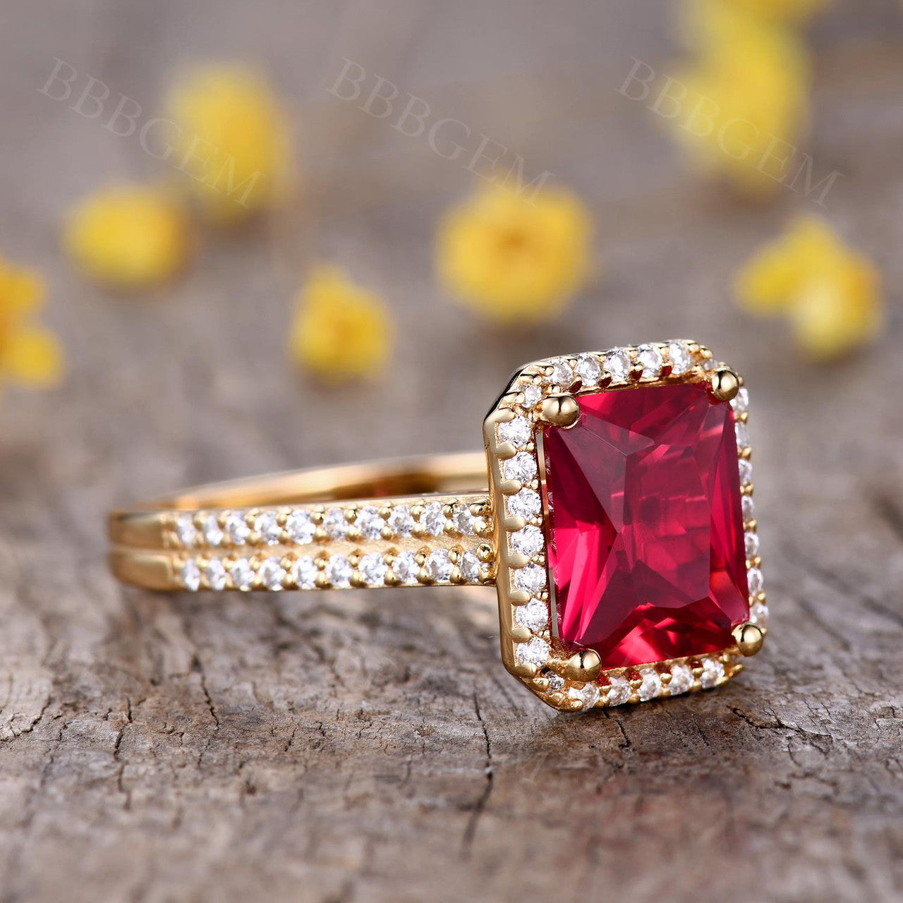 Vintage 8X10mm Yellow Gold Ruby Engagement Ring with Diamond Halo Wedding Band - 4 Carat Genuine Ruby & Diamond Ring for Women, Perfect for Proposals, Anniversaries & Special Occasions
