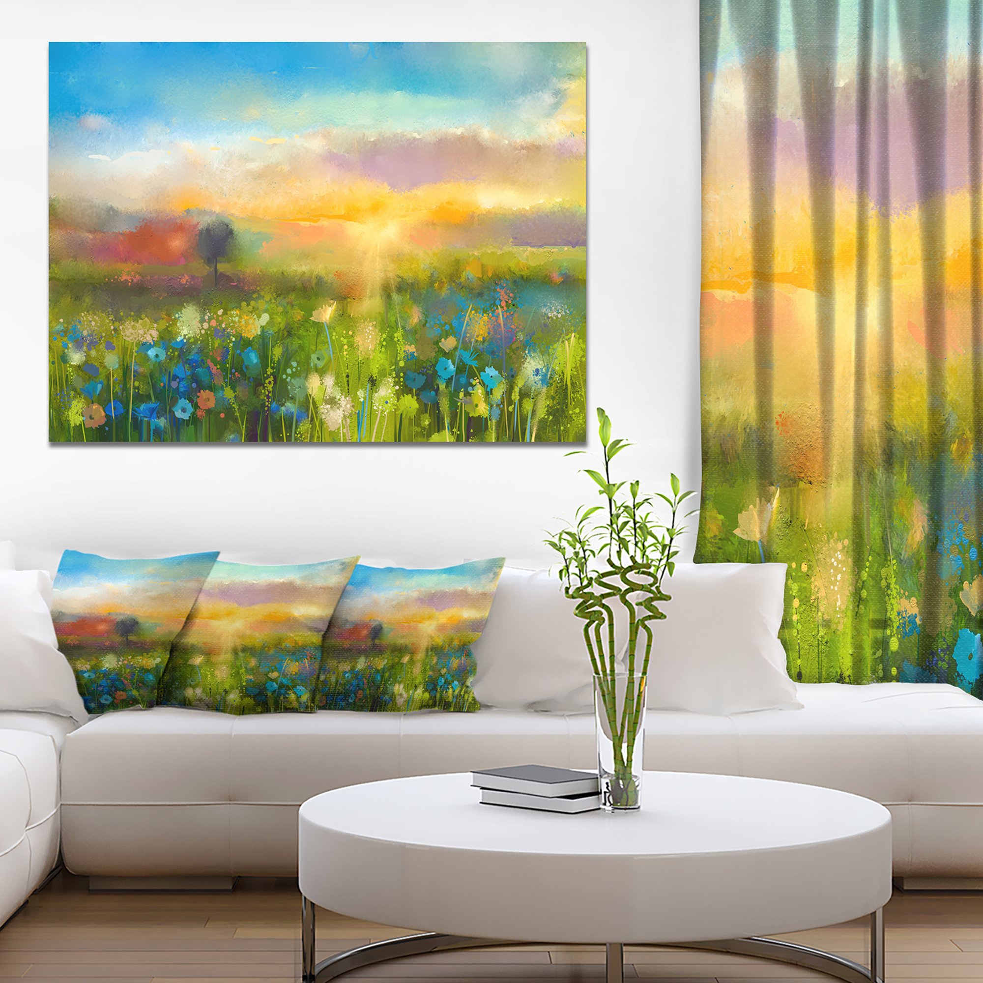 Sunset Meadow Landscape Contemporary Canvas Art Print - Stunning Nature Wall Decor for Living Room, Bedroom & Office