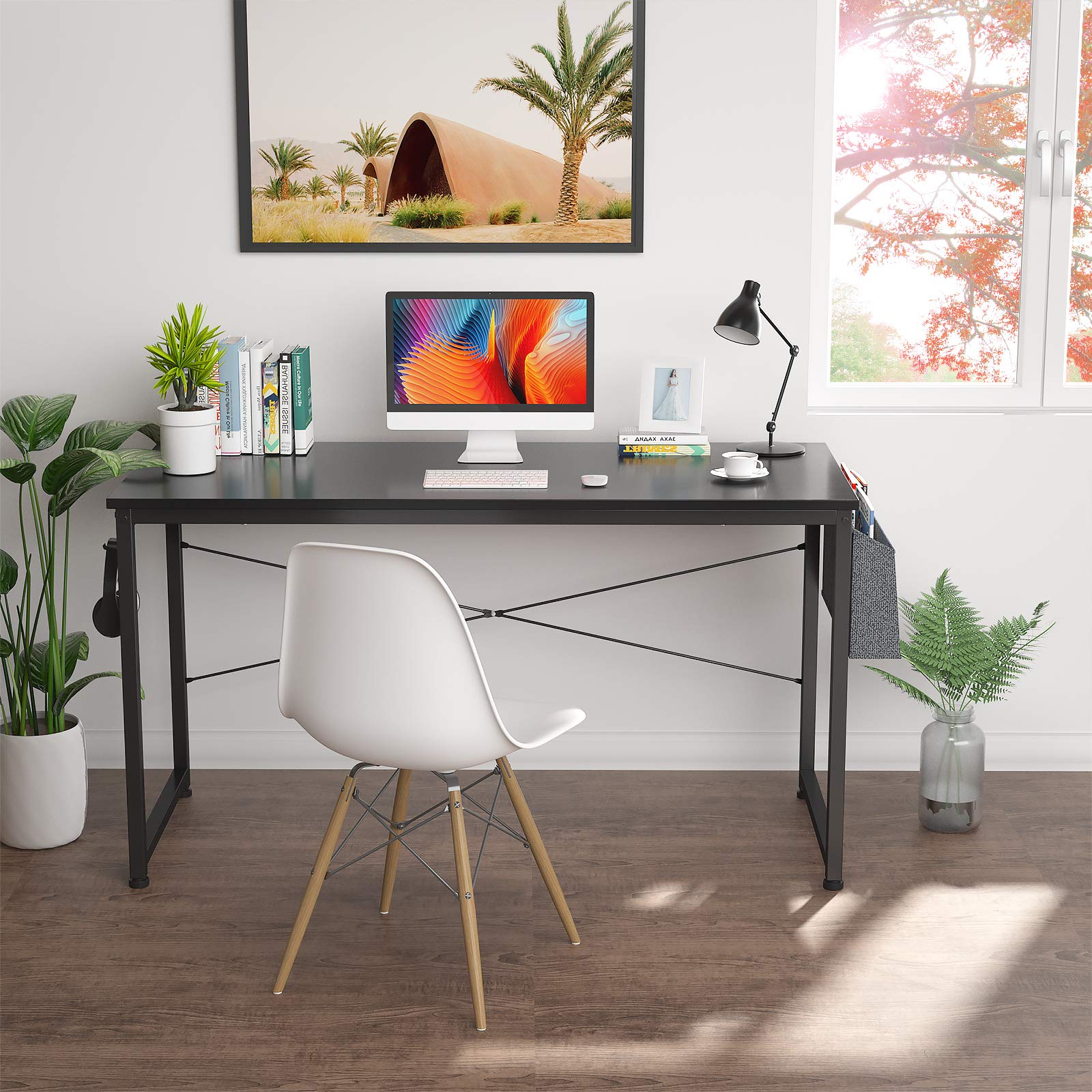 HomVent 47-inch Modern Computer Desk - Home Office Desk, Writing Study Table with Storage Bag, Waterproof & Durable (Black) - Perfect for Small Spaces, Remote Work, and Online Learning