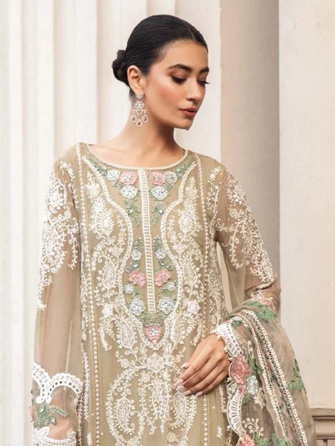 Elegant Beige Traditional Designer Semi-Stitched Pant Suit with Exquisite Embroidery - Perfect for Weddings, Parties & Special Occasions