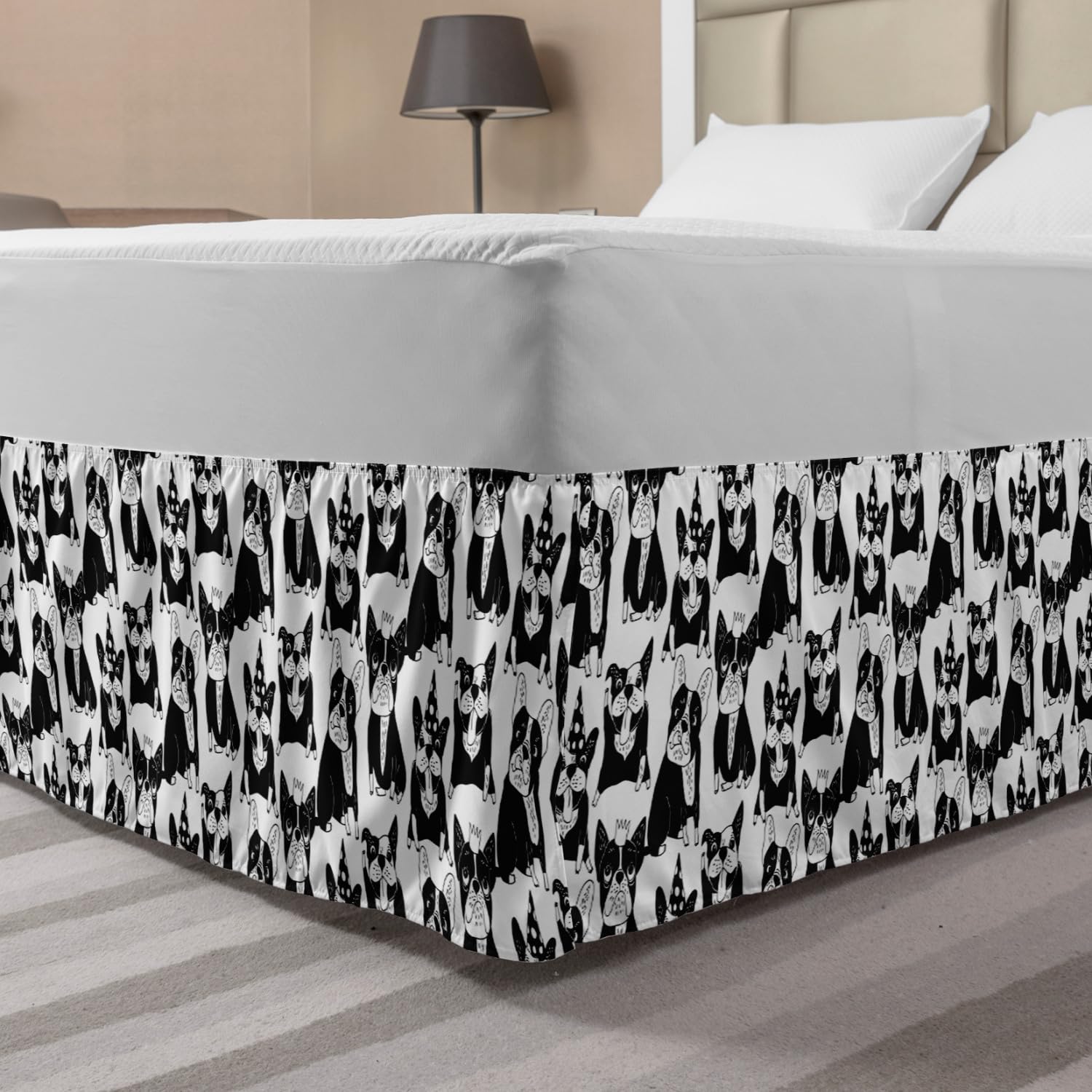 Ambesonne Bulldog Bed Skirt - Playful Doodle Pattern with Pets in Party Hats, Elastic Dust Ruffle Wrap for King Size Beds | Black & White Pet-Themed Bedding Decor for Dog Lovers' Bedrooms
