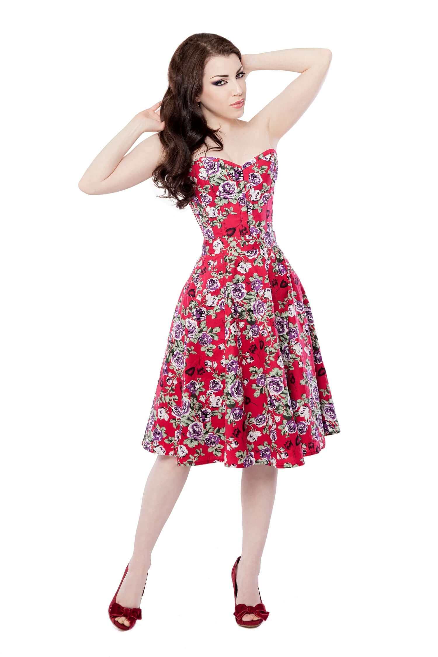 Elegant Red Floral Corset Dress with Long Lace-up Detail - Perfect for Evening Parties, Date Nights & Special Occasions