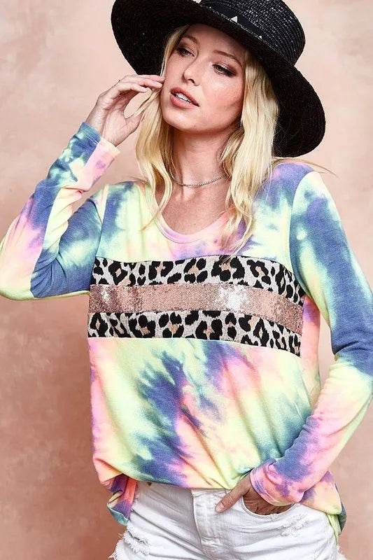 BiBi Tie Dye Deep U Neck Top with Leopard Print & Sequins - Trendy Women's Fashion Top for Parties, Night Out & Festival Wear