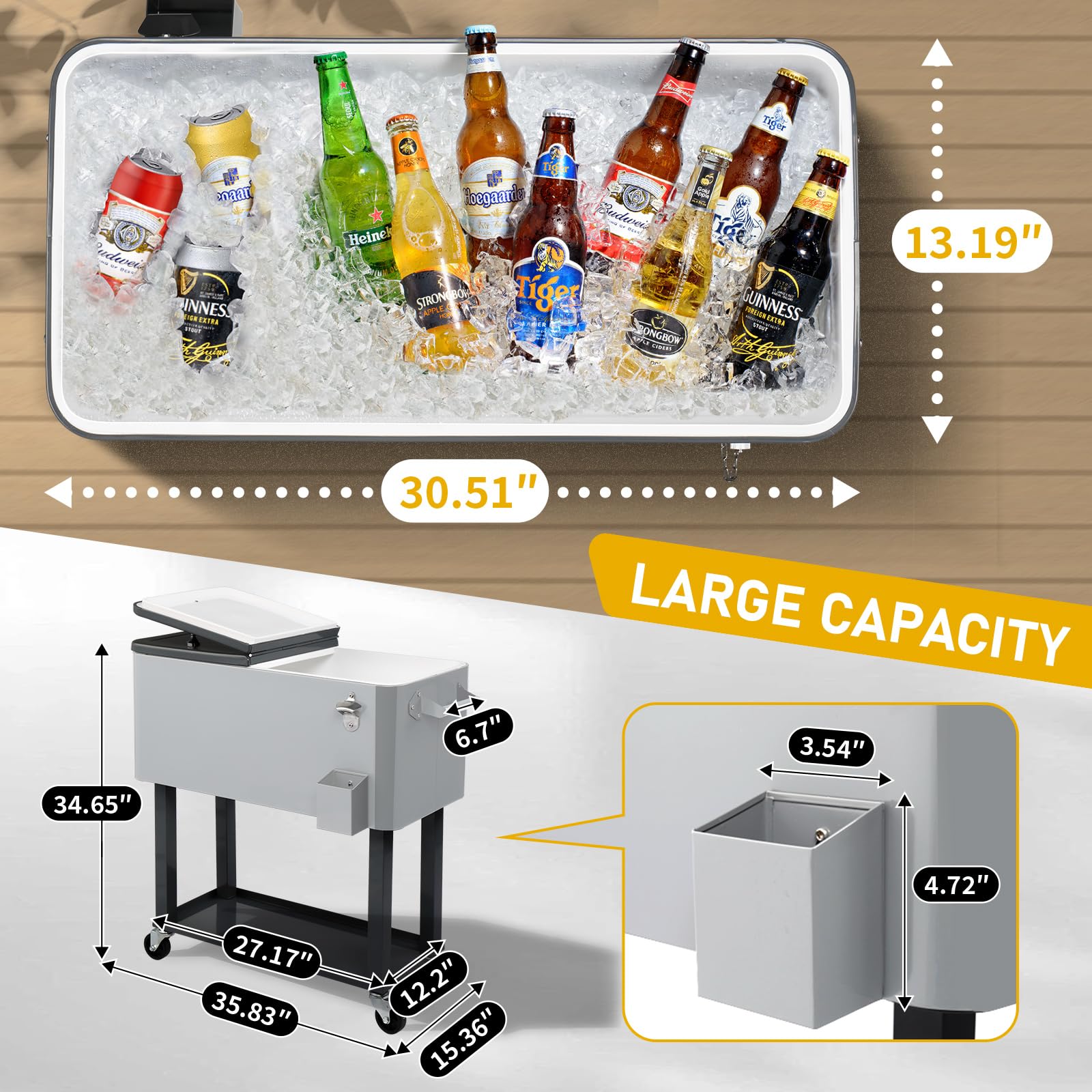 Outvita 80 Quart Rolling Ice Chest Cooler - Portable Bar Drink Cooler with Catch Basin, Bottom Storage Tray & Bottle Opener - Perfect for Patio Parties, BBQ, Beach Trips & Outdoor Camping Activities