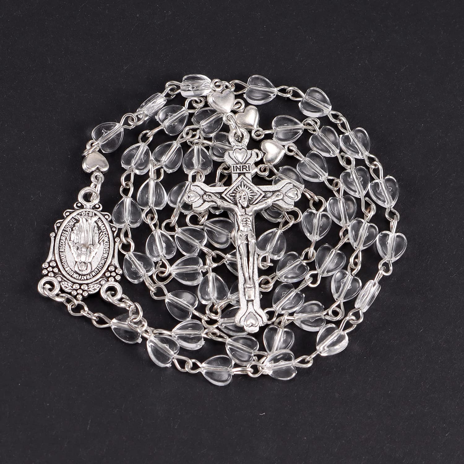 **White Crystal Heart Rosary Beads Necklace for Women - Catholic Anglican Christian Prayer Jewelry with Vintage Heart Box - Perfect for Baptism, First Communion, Confirmation & Religious Gifts**