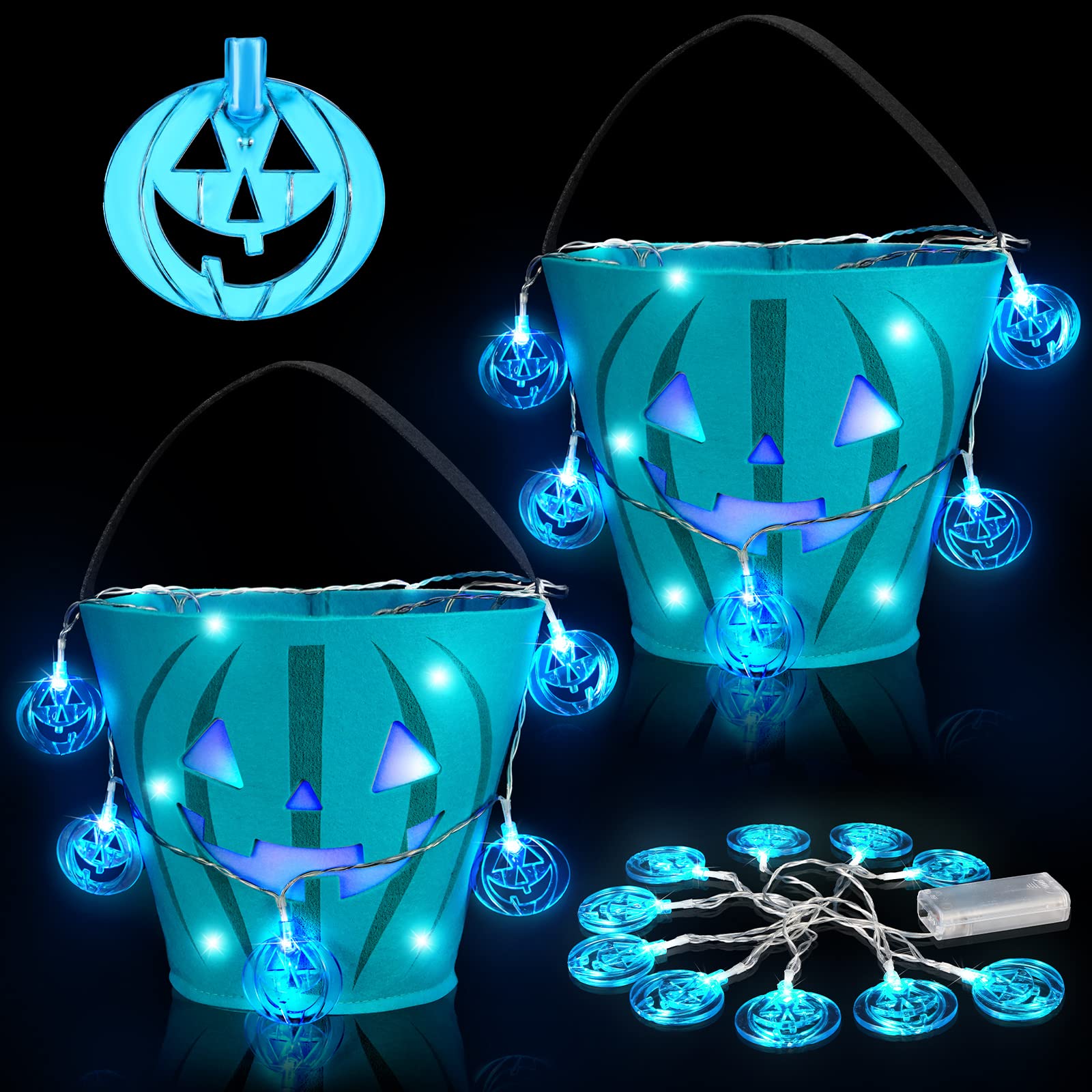 2 Pack LED Light Halloween Bucket - Pumpkin Felt Candy Basket with Jack O'Lantern Design for Trick or Treat, Halloween Party Favors & Home Decor