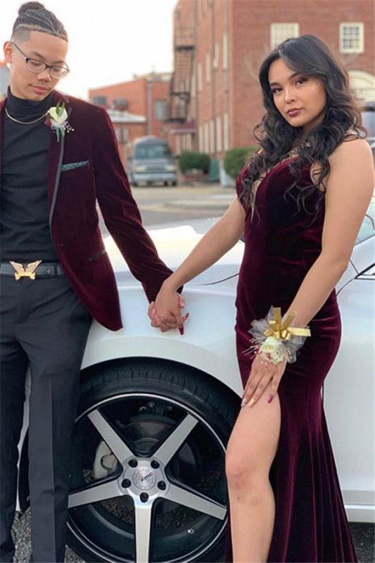 Elegant Mermaid Burgundy Velvet V-Neck Long Prom Dress with Backless Design - Perfect for Evening Gala, Homecoming, Wedding Guest & Formal Events (Style J2577)
