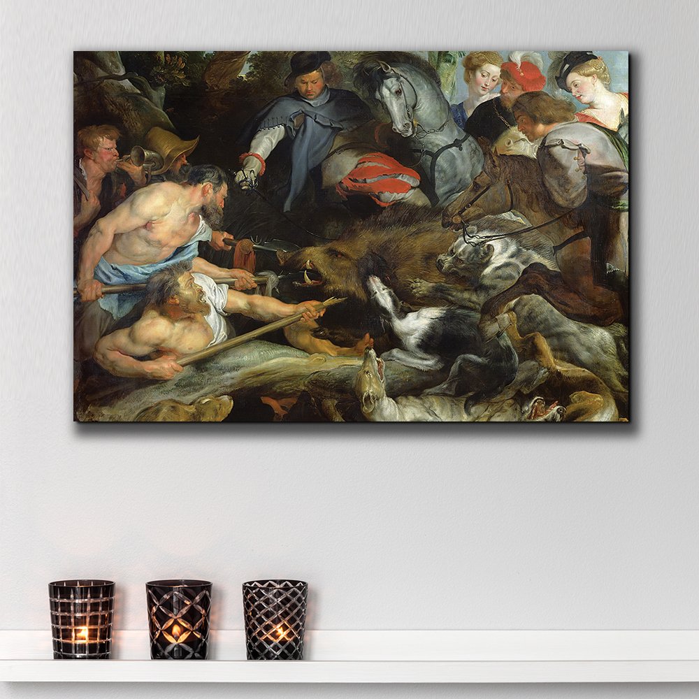 Wall26 - Peter Paul Rubens 'A Boar Hunt' Baroque Oil Painting Reproduction - 32x48 Inch Canvas Wall Art with Horses & Wolves - Catholic & Christian Home Decor for Living Room, Office & Gallery Display