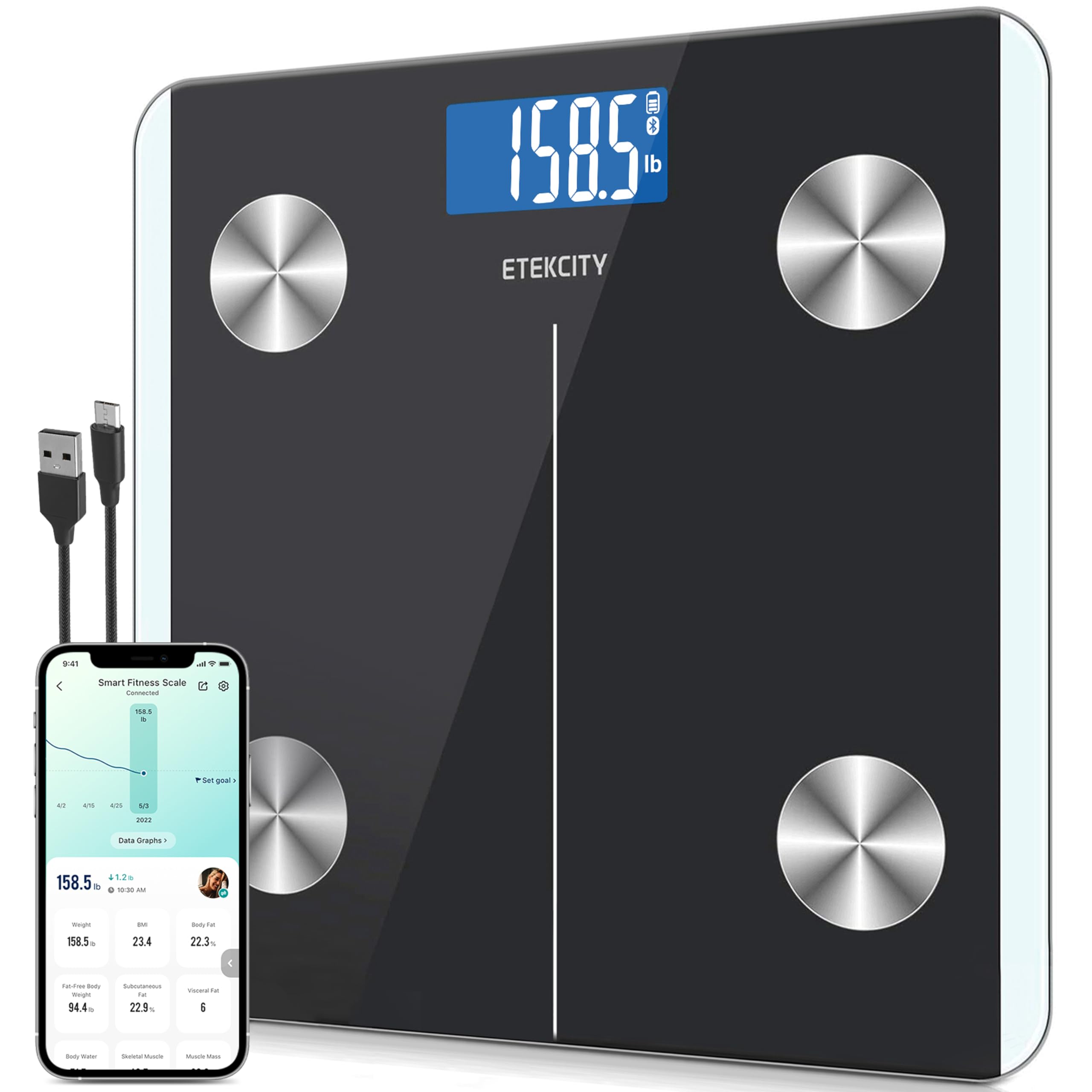 Etekcity Smart Bluetooth Body Fat Scale - Digital Bathroom Weight Scale with Body Composition Analyzer for Muscle, BMI, Water Percentage - 400lb Capacity Wireless Sync to Fitness Apps - Perfect for Home Gym, Weight Loss Tracking & Health Monitoring