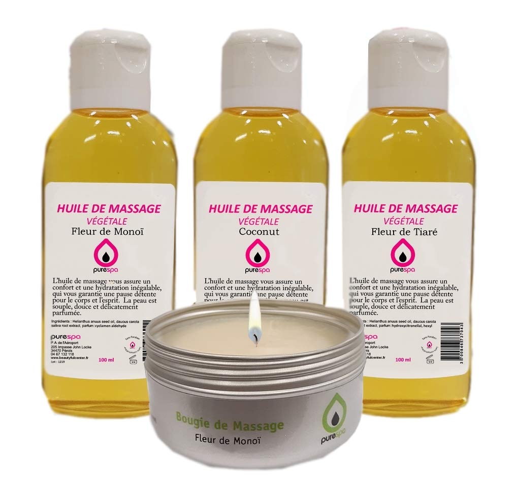 PureSpa Coffret Evasion - 3 Aromatherapy Massage Oils (Monoï, Tiaré, Coconut) + 1 Vegan Massage Candle | Relaxing Gift Set for Couples, Spa Day, Self-Care & Romantic Evenings
