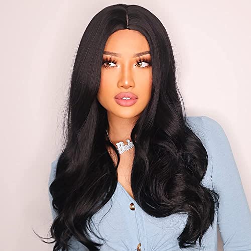 ASSU Natural Wavy Middle Part Synthetic Wig for Women - Heat Resistant Black Hair Wig with Realistic Look | Perfect for Daily Wear, Cosplay, and Special Occasions