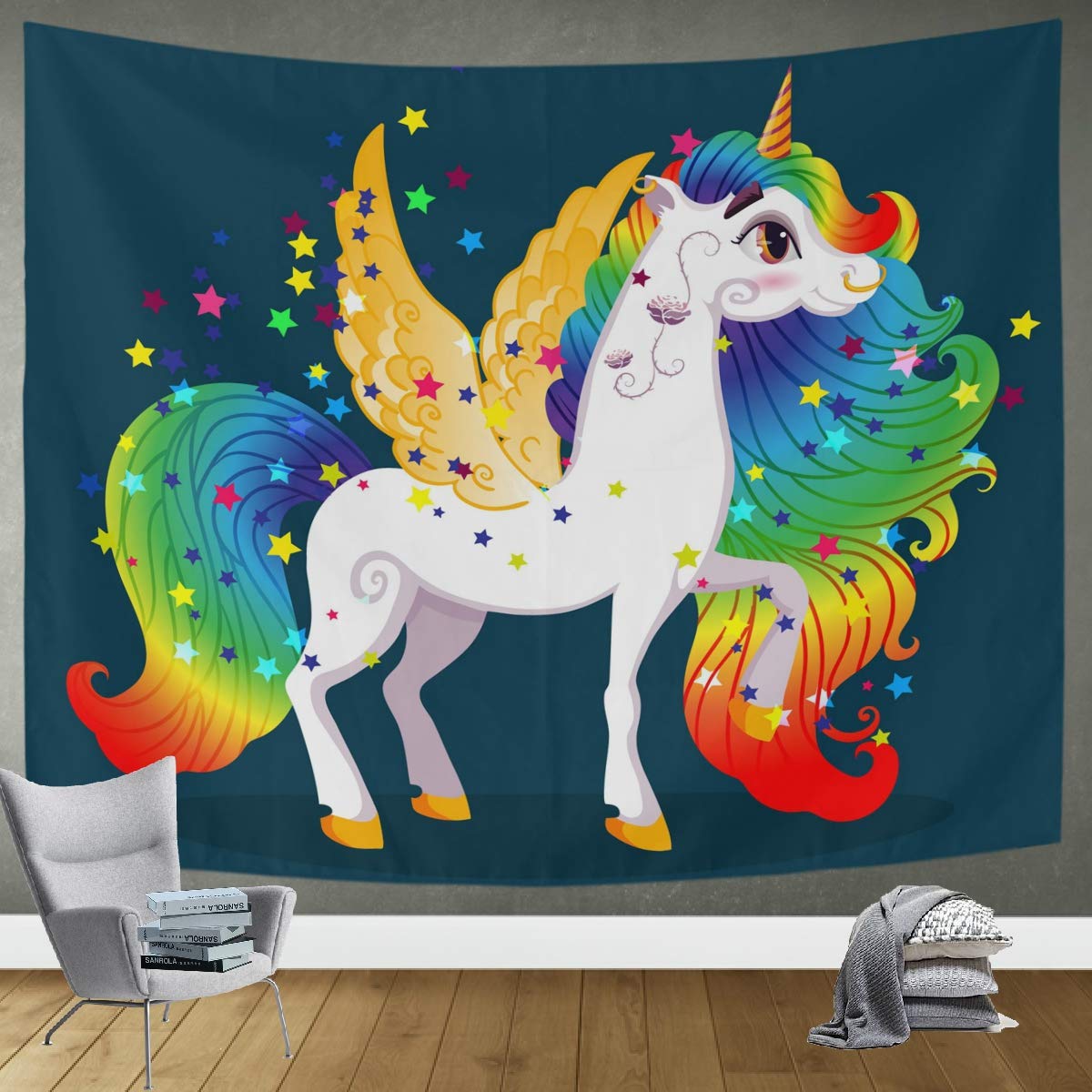 DOMIKING White Unicorn Wall Tapestry 80x60 Inch - Boho Bedroom Decor, Living Room Wall Art, Dorm Room Hanging - Perfect for Girls Room, Nursery & Hippie Home Decor