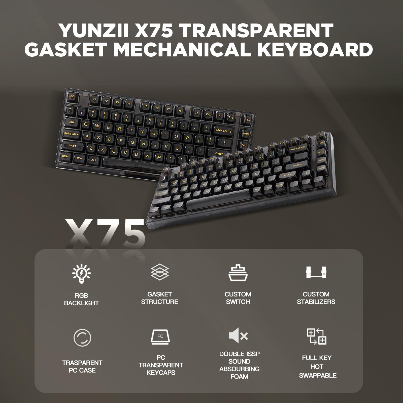 YUNZII X75 82-Key Hot Swappable Mechanical Keyboard with Transparent Keycaps | Gasket Mount 75% RGB Backlit Custom Gaming Keyboard for Windows & Mac (Crystal Ice Switch, Wired-Black) | Perfect for Typing, Gaming & Office Work