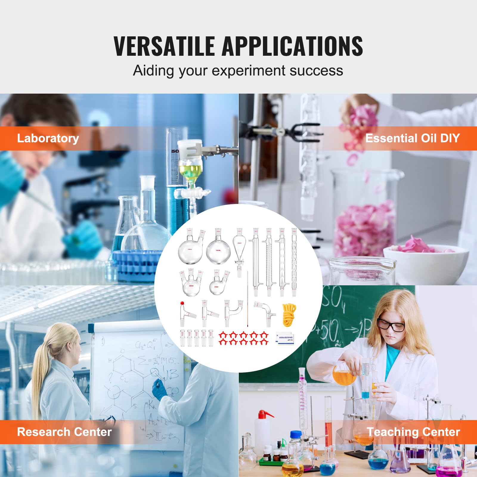 VEVOR 3.3 Boro Lab Glass Distillation Kit - 1000ml Essential Oil Extraction Apparatus with 24/40 Joints, 32-Piece Chemistry Glassware Set for Home DIY, Aromatherapy & Herbal Distillation