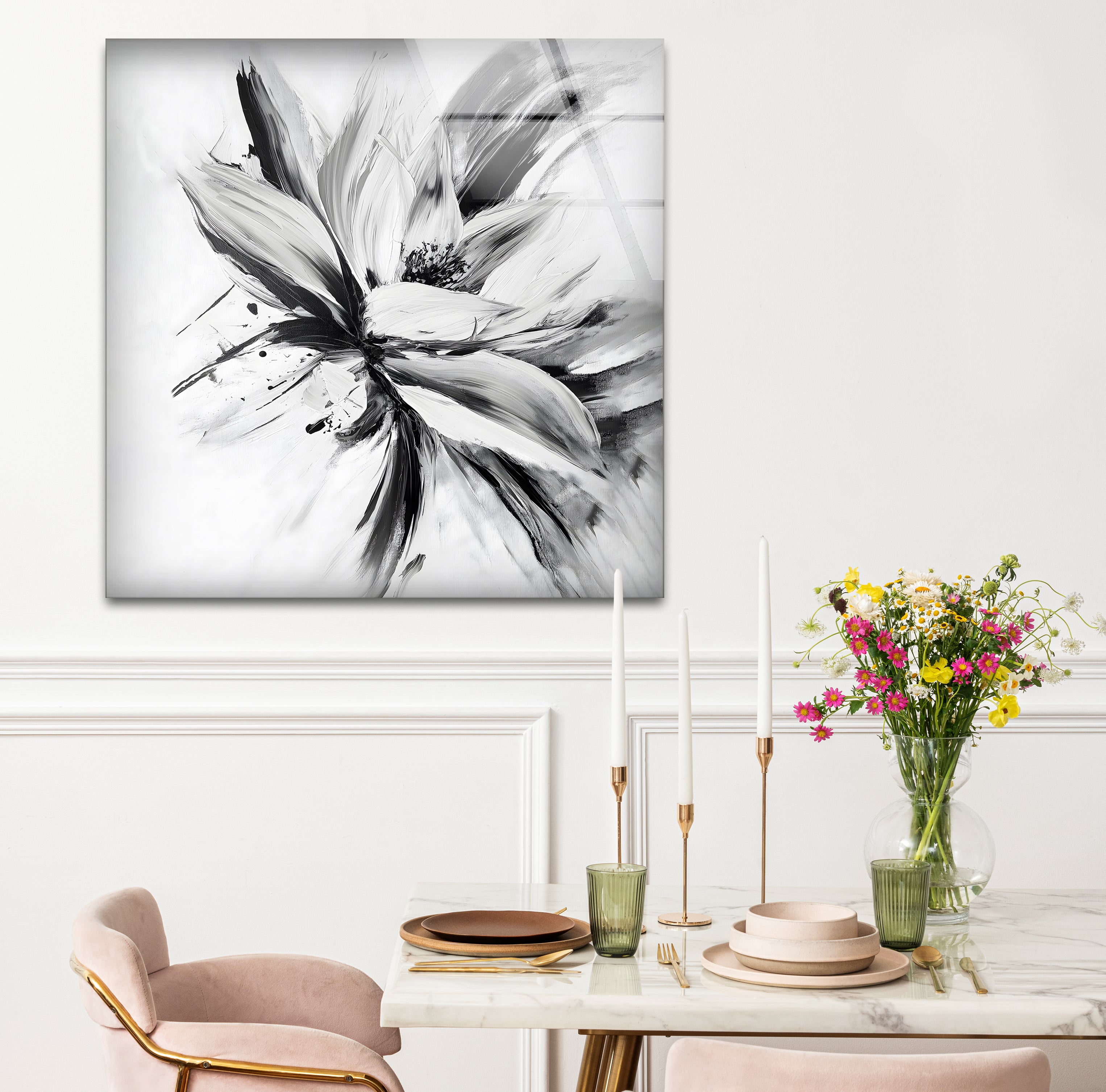 Modern Black and White Abstract Floral Glass Wall Art - Elegant Home Decor for Living Room, Bedroom & Office