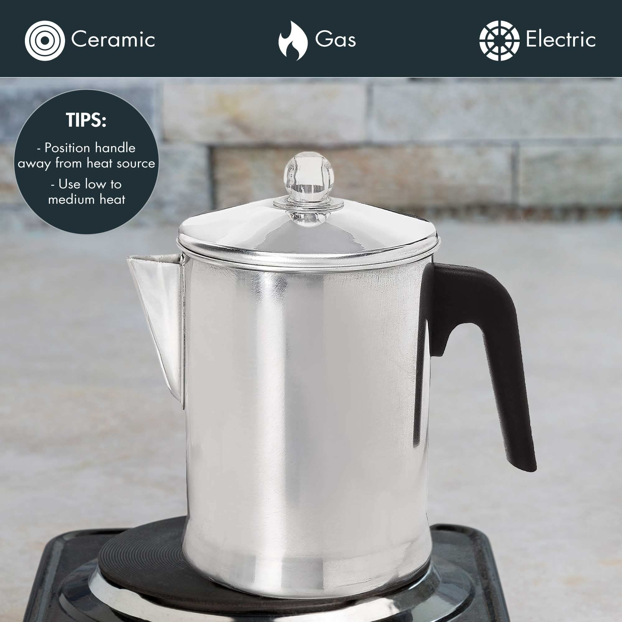 Prima Today 9-Cup Aluminum Stovetop Coffee Percolator - Durable Stove Top Coffee Maker for Camping, RV Travel & Home Use - Silver
