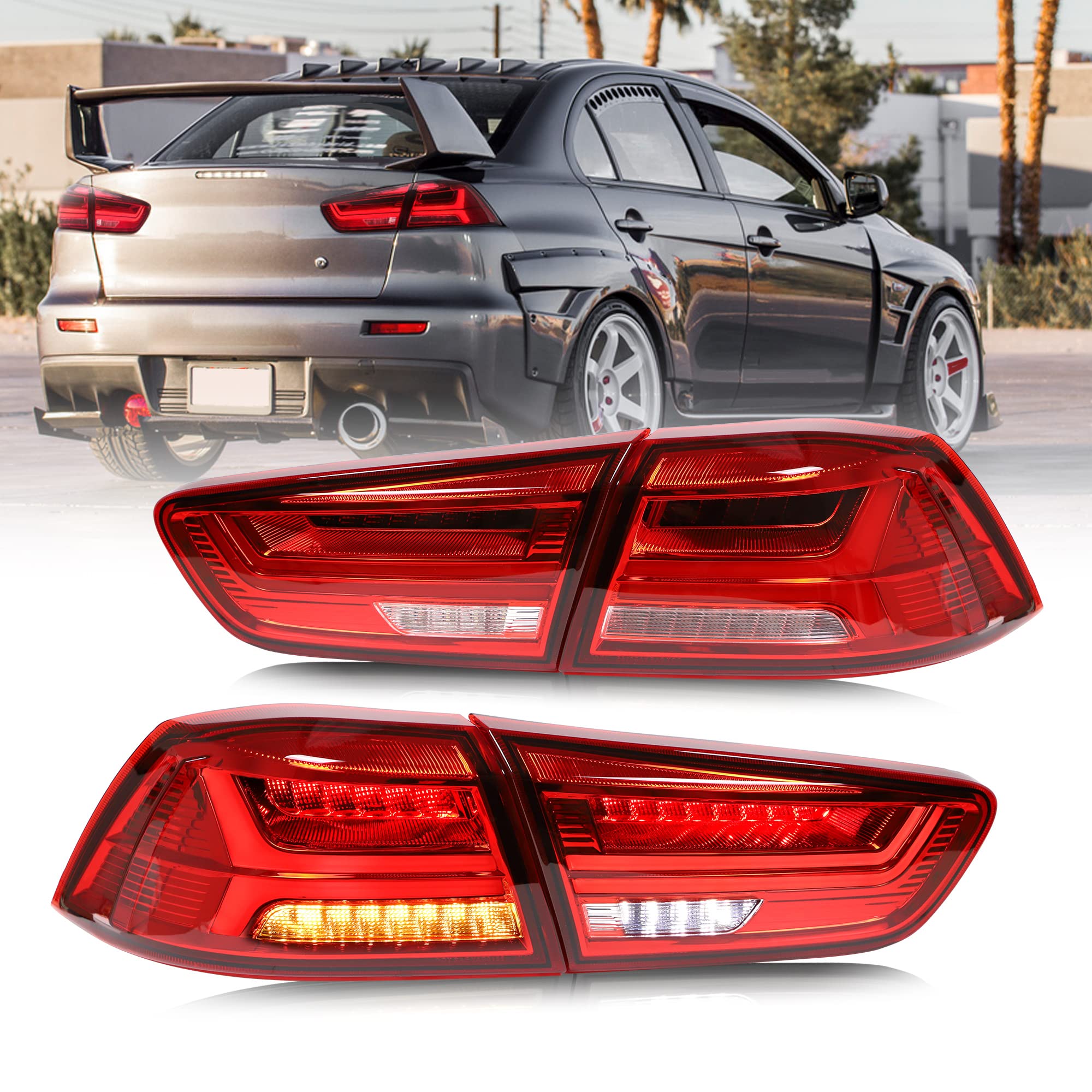 VLAND LED Red Clear Tail Lights Assembly for Mitsubishi Lancer & EVO X 2008-2018 - Sequential Turn Signal, Waterproof Rear Lamp Replacement - Perfect for Night Driving & Car Customization