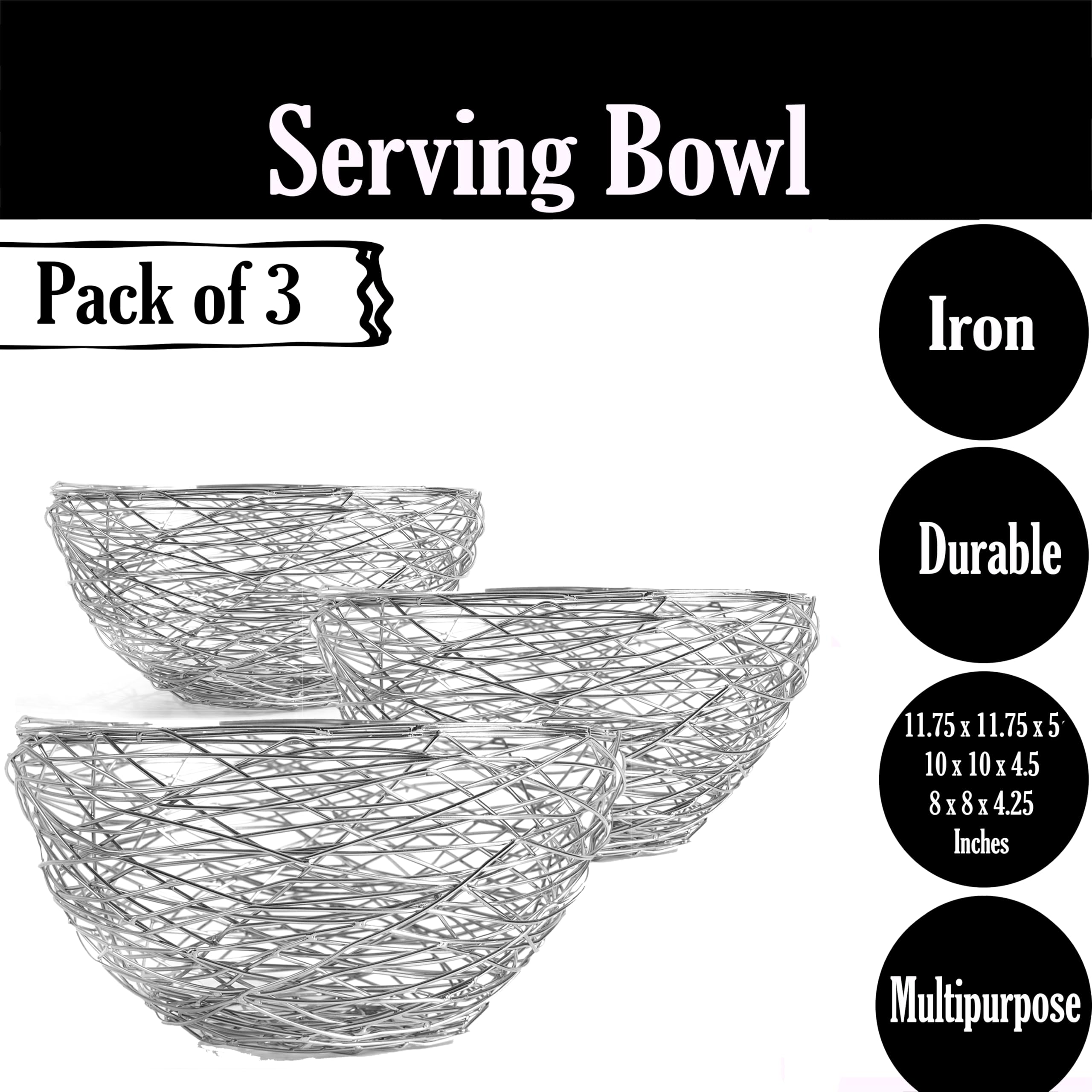 Alpha Living Home 3-Piece Shiny Silver Metal Fruit Basket Set for Kitchen Counter - Decorative Vegetable & Fruit Holder Bowl for Dining Table, Pantry, and Home Decor | Perfect for Organizing Fruits, Veggies, and Displaying as Centerpiece