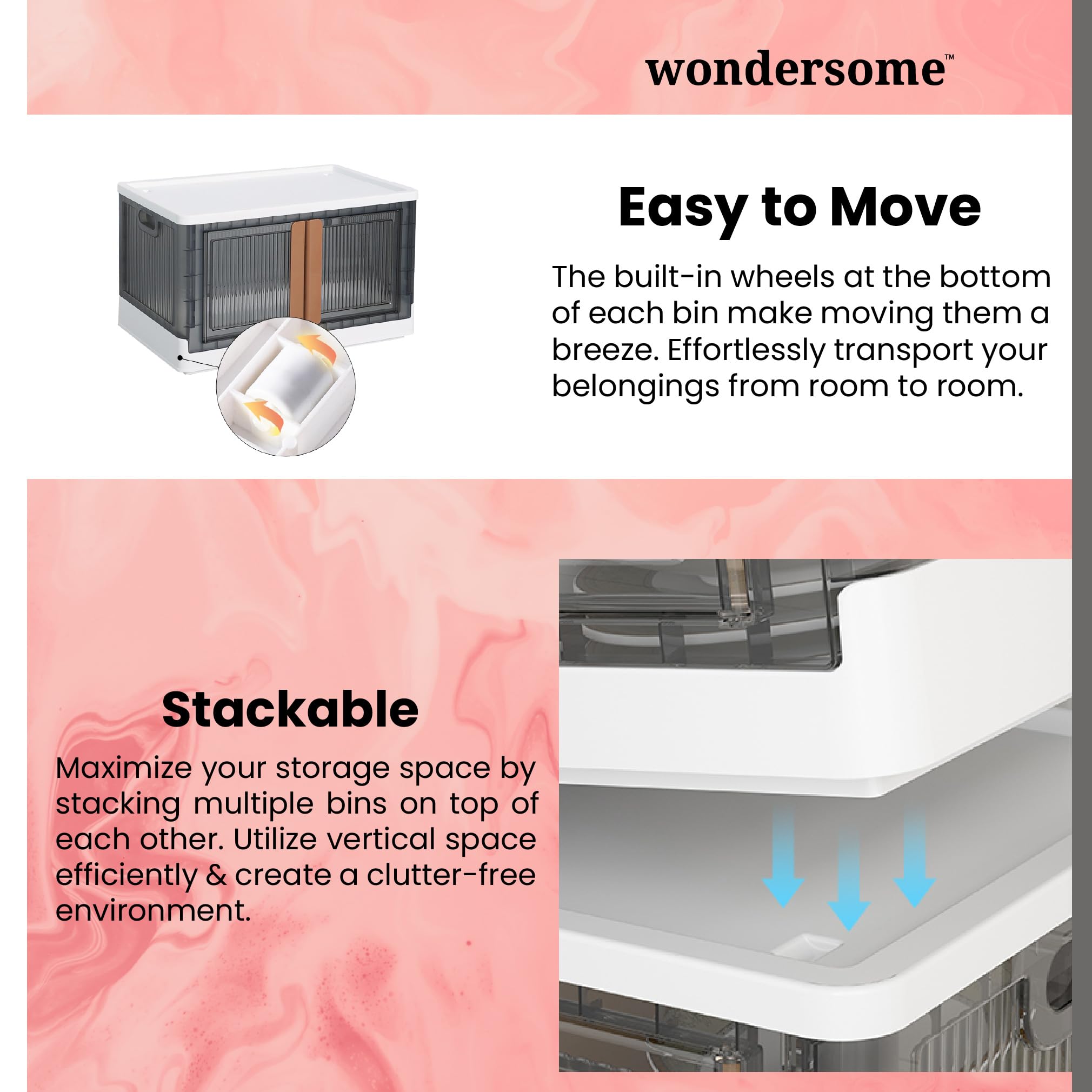 Wondersome Collapsible Storage Bins - 3-Pack Extra Large 19-Gallon/76-Quart Foldable Organizer Bins with Wheels for Clothes, Shoes, Bedroom & Office - Stackable Space Saving Storage Containers - US Brand | Perfect for Closet Organization, Seasonal Storage & Home Decluttering