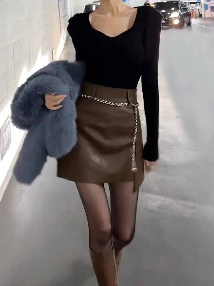 Autumn Women's Brown Chain Belt Mini Skirt - High Waist Slim Leather Bodycon Wrap Hip Short Skirt for Streetwear & Night Out | Trendy Fashion for Parties, Dating & Casual Wear