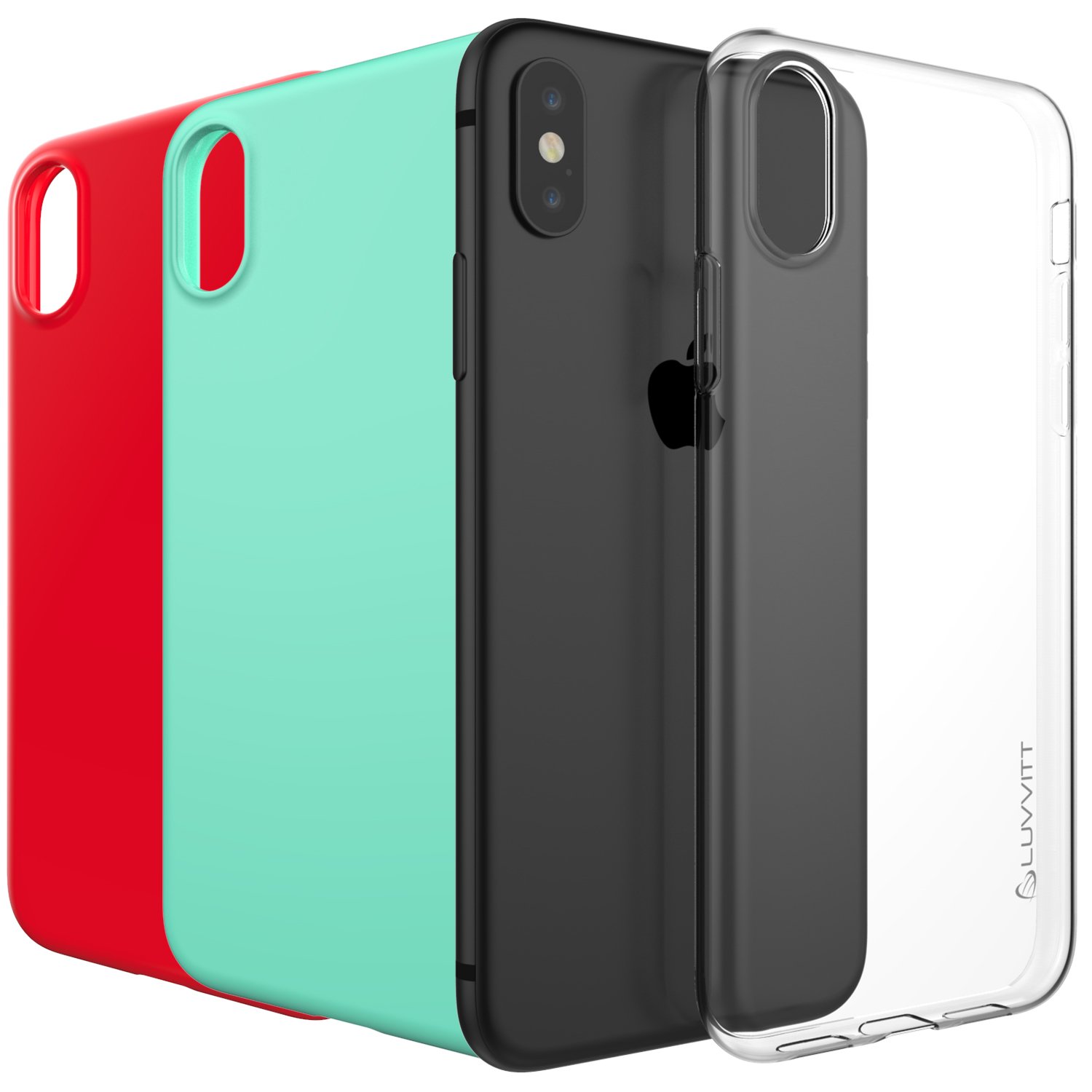 Luvvitt Clarity iPhone Xs/X Case (2017-2018) - 4 Pack Slim Flexible TPU Rubber Protective Cover with Light, Red/Teal/Black/Clear Colors | Perfect for Everyday Use, Travel & Work Protection