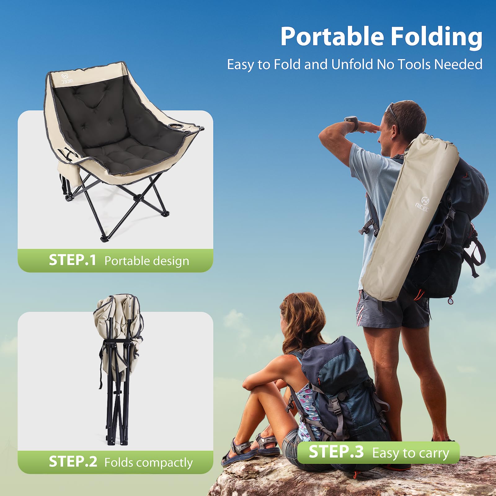 Heavy Duty Oversized Padded Camping Chair for Adults - Foldable Lawn Chair with Cooler Bag & Thick Padding (2-Pack) - Perfect for Backyard, Beach, Picnics & Outdoor Events