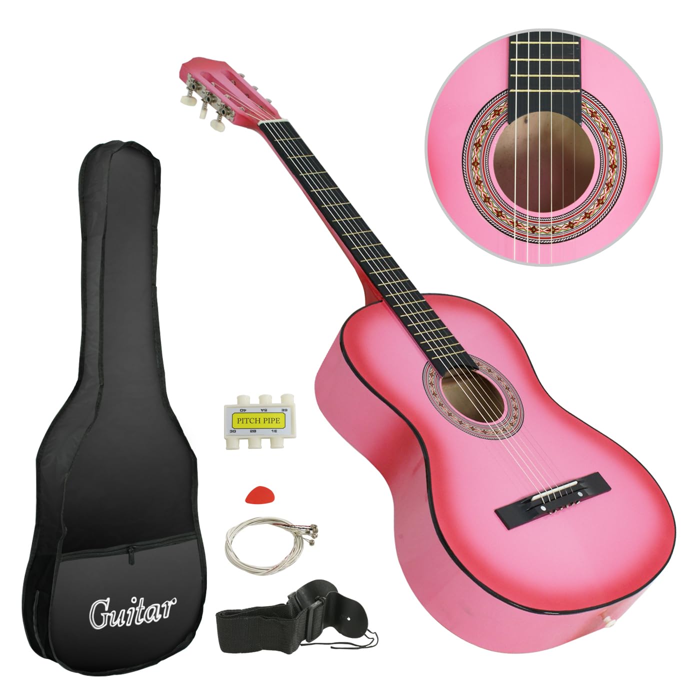 Smartxchoices 38-Inch Acoustic Guitar Bundle with Gig Bag, Strap, Pitch Pipe, Extra Strings & Picks - Pink 6-String Guitar for Beginners, Kids, Girls & Students (Right-Handed) | Perfect for Home Practice, Music Lessons & Gift Giving