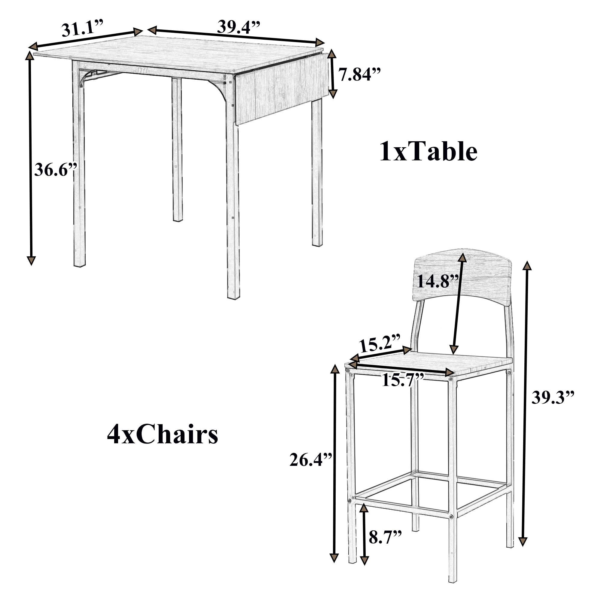 5-Piece Counter Height Dining Table Set with 4 Bar Stools - Farmhouse Drop Leaf Kitchen Table & Chairs with Footrest - Space Saving Design for Small Kitchens, Breakfast Nooks & Apartments (White Frame)
