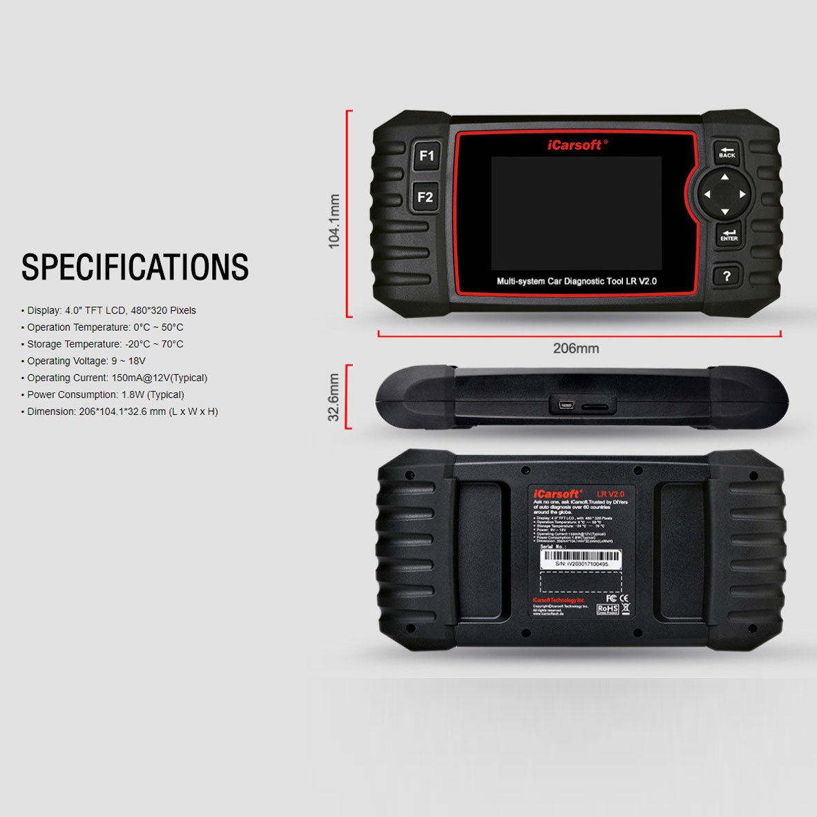 iCarsoft LR V2.0 Professional OBD2 Scanner - Land Rover & Jaguar Diagnostic Tool for ABS, SRS, Oil Reset - Works with Range Rover, Discovery, Evoque - Auto Repair & Maintenance Essential for DIY Mechanics & Shops