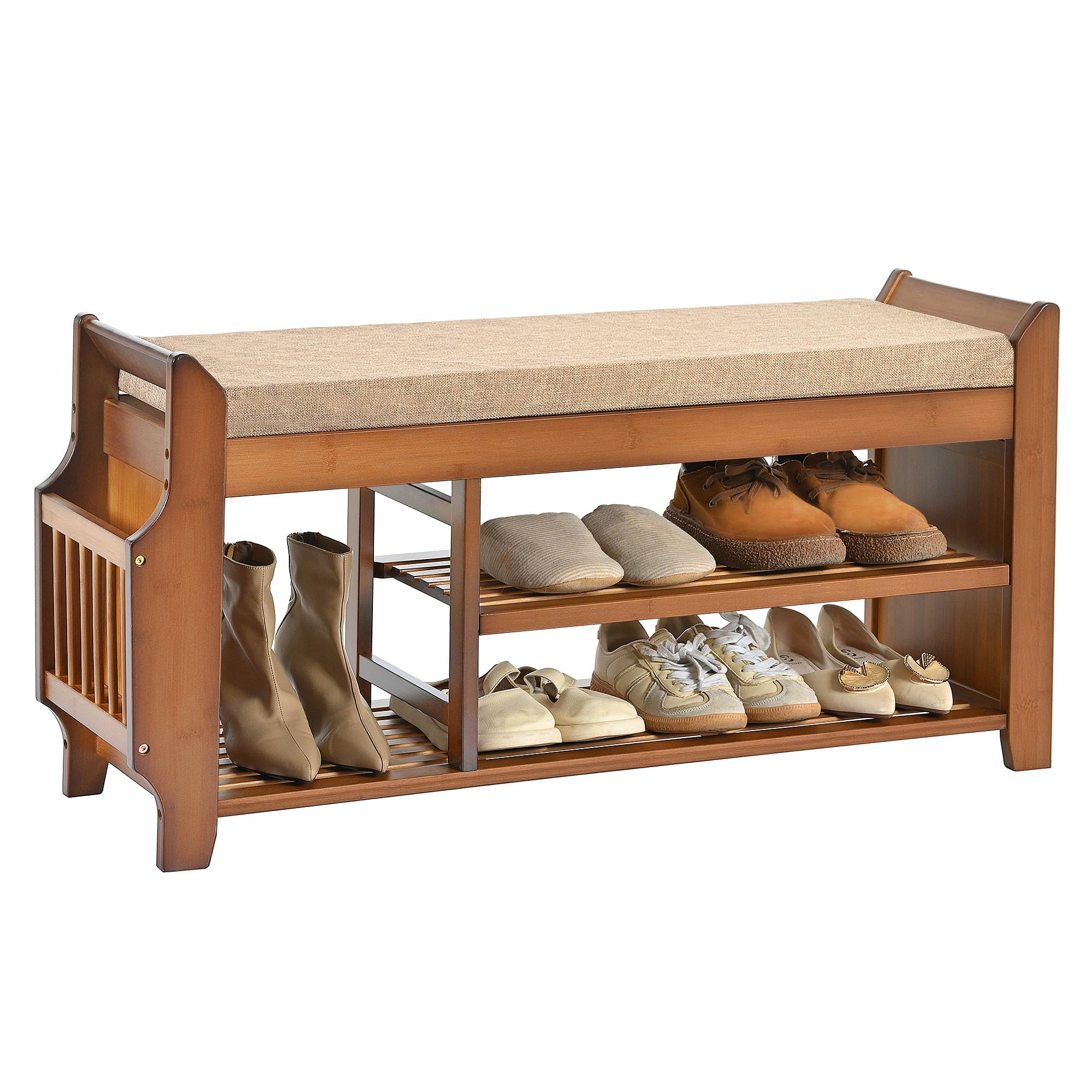 39.4 Inch Bamboo Shoe Bench with Hidden Storage Drawer & Side Holder - 2-Tier Entryway Storage Bench with Cushion for Hallway, Living Room, Bedroom | Perfect for Small Space Organization & Shoe Storage Solutions