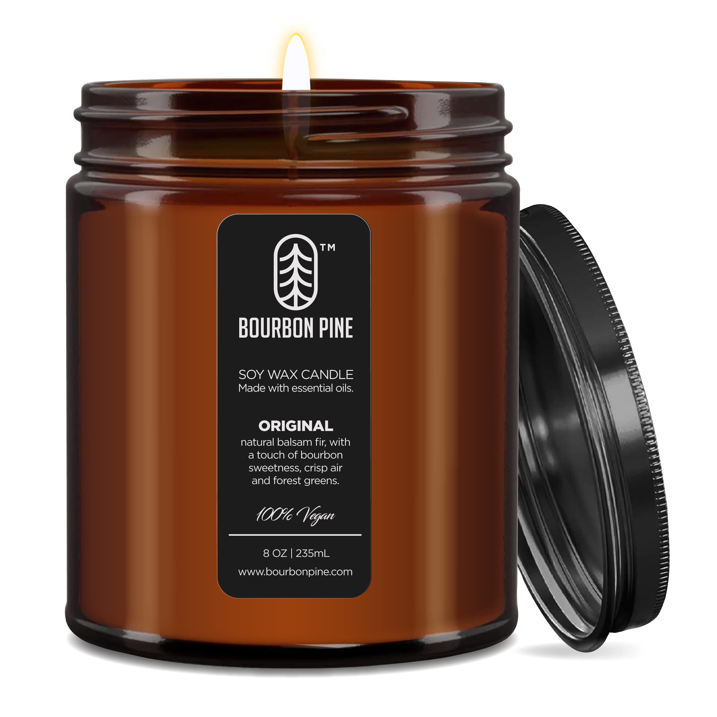 Premium Bourbon Pine Scented Soy Wax Candle - 8oz Hand-Poured Vegan Candle with 40-Hour Burn Time, Essential Oils, Aromatherapy | Perfect Holiday Gift, Home Decor & Relaxation for Bedroom, Living Room, Spa