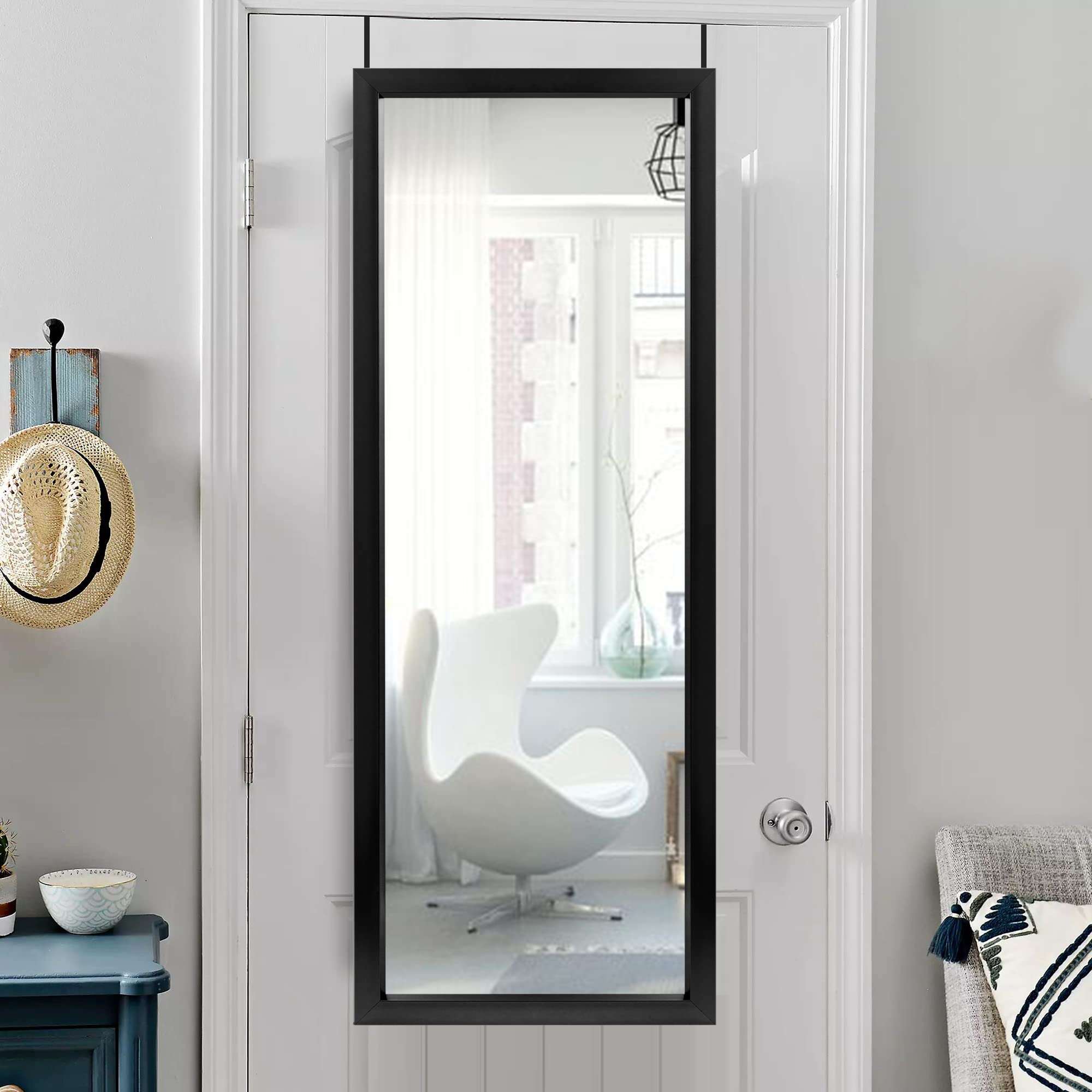 NeuType 43x16 Inch Full Length Over The Door Mirror - Wall Mount Hanging Mirror with 2 Metal Hangers for Bedroom, Bathroom & Living Room - Space Saving Home Decor (Black) | Perfect for Small Spaces, Dorm Rooms & Apartment Living