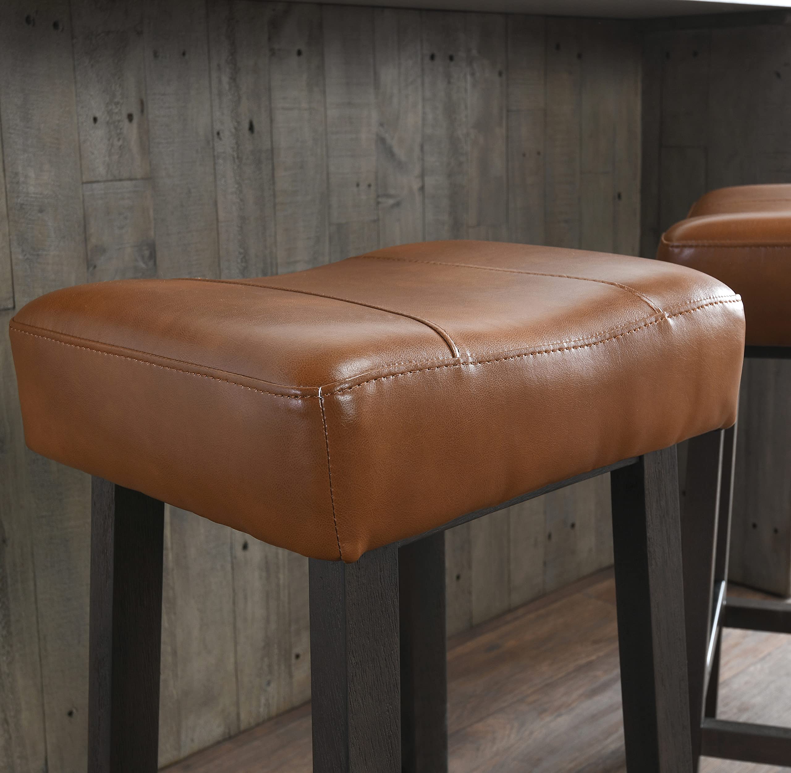 Kosas Home Lauri Backless Counter Stool with Vegan Leather Cushion - 26 Inch Bar Stool in Caramel & Dark Brown - Modern Kitchen Island & Breakfast Nook Seating
