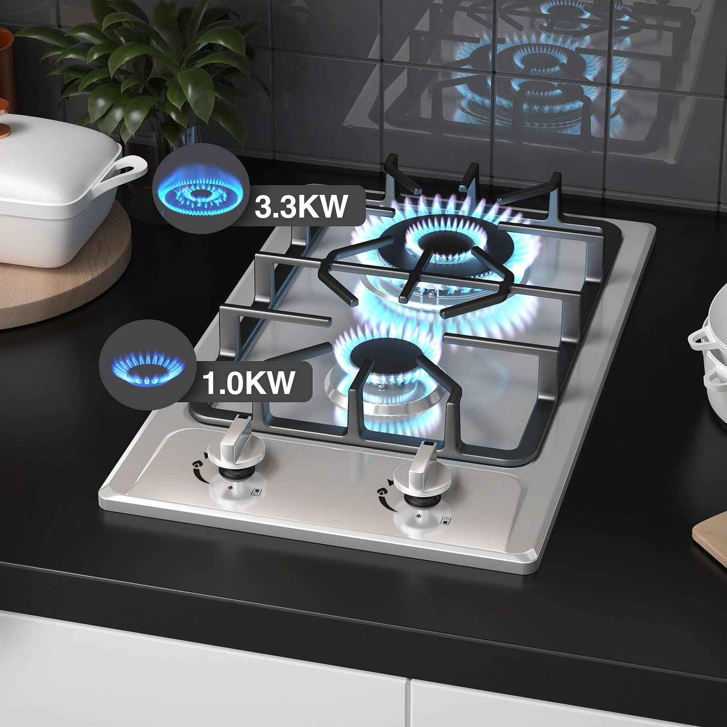 ANHANE 12 Inch 2 Burner Portable Gas Stove Cooktop - Stainless Steel Built-in LPG/NG Dual Fuel - Easy Clean for RV, Apartment, Camping & Outdoor Cooking