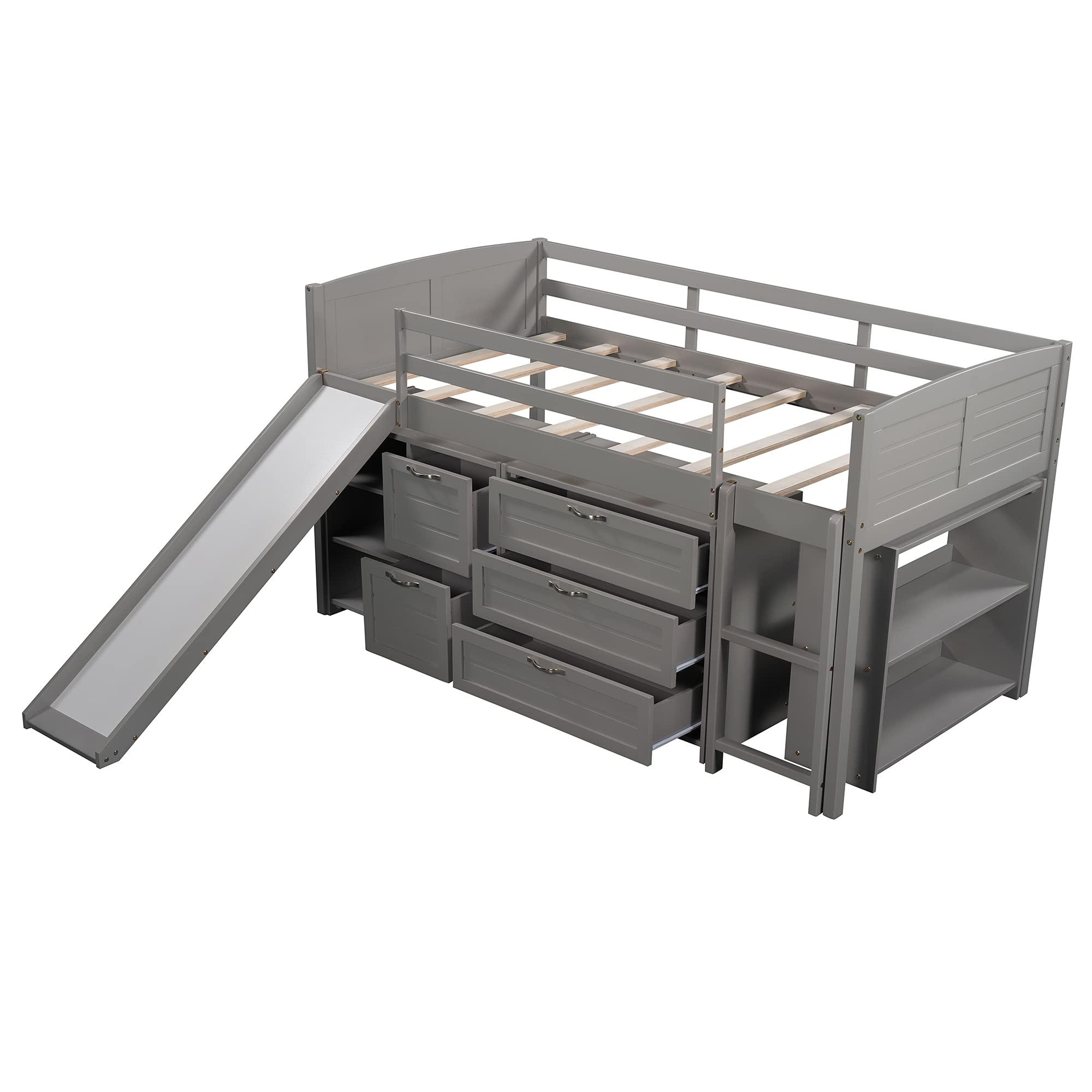 **Low Loft Bed with Slide for Kids - Twin Size Solid Wood Bed Frame with Drawers, Cabinet & Shelf - Gray (3) - Perfect for Small Bedrooms & Playrooms**