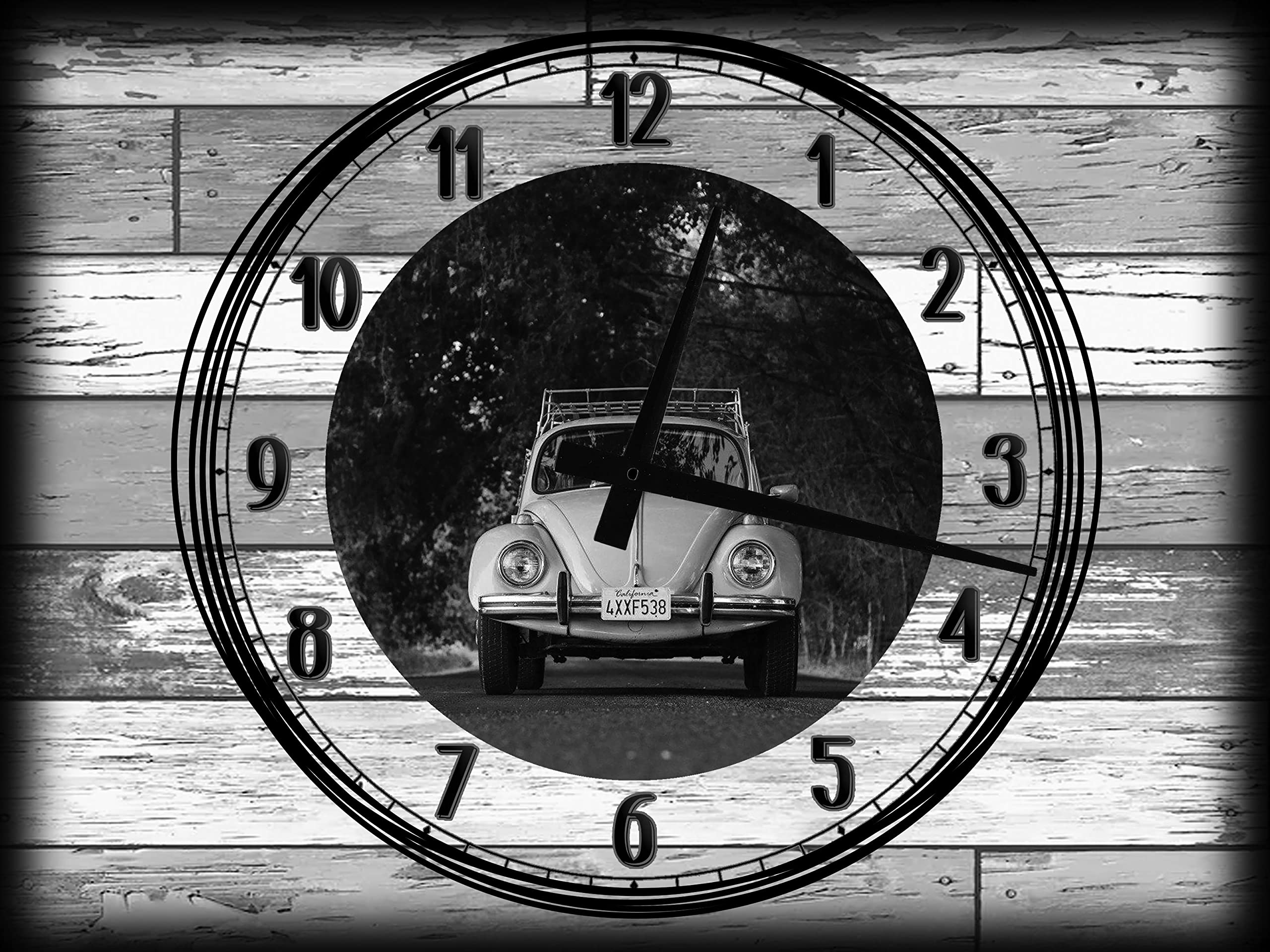 EVH Prints Large Teal White Wood Grain Wall Clock - 12x16 Inch Canvas Art with Beetle & Tiny Car Design - Vintage Home Decor for Living Room, Bedroom & Office