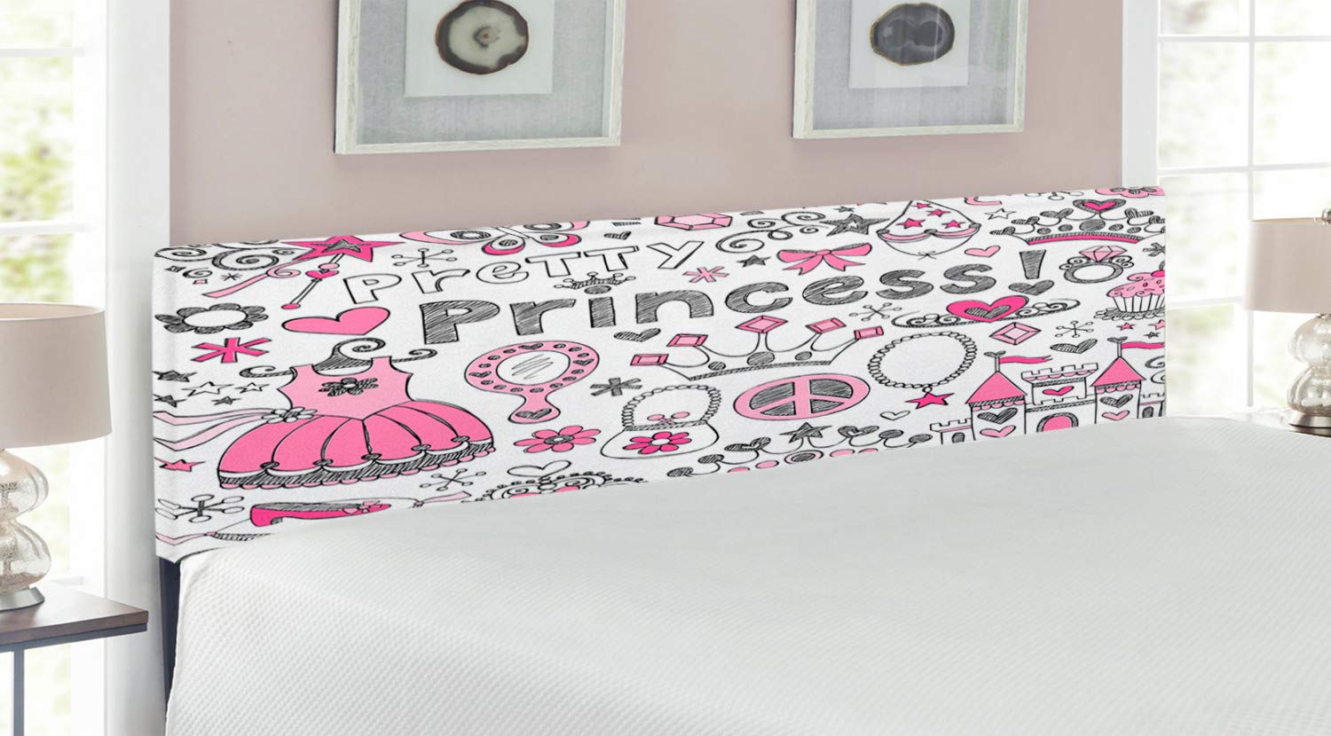 Ambesonne Cartoon Headboard - Tiara Crown Notebook Doodle Design Sketch Illustration, Upholstered Decorative Metal Bed Headboard with Memory Foam, King Size, Grey Pink White - Perfect for Kids' Bedroom, Nursery Decor & Fantasy Themed Rooms
