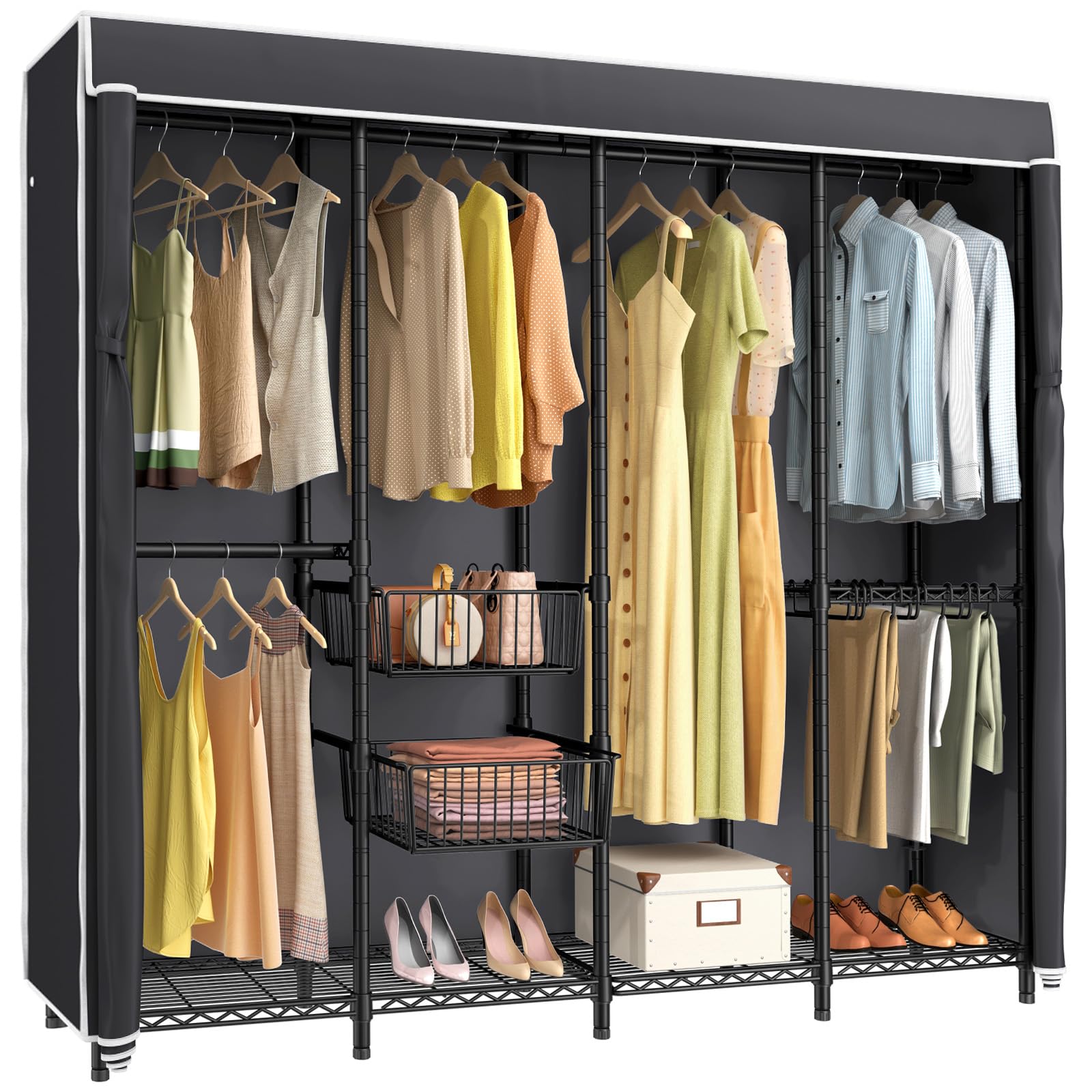 VIPEK V40C Pro Heavy Duty Freestanding Wardrobe Closet - Black Metal Clothing Rack with Fabric Cover for Bedroom, Multi-Functional Hanging Storage Organizer | Perfect for Small Spaces, Dorm Rooms & Apartment Closets