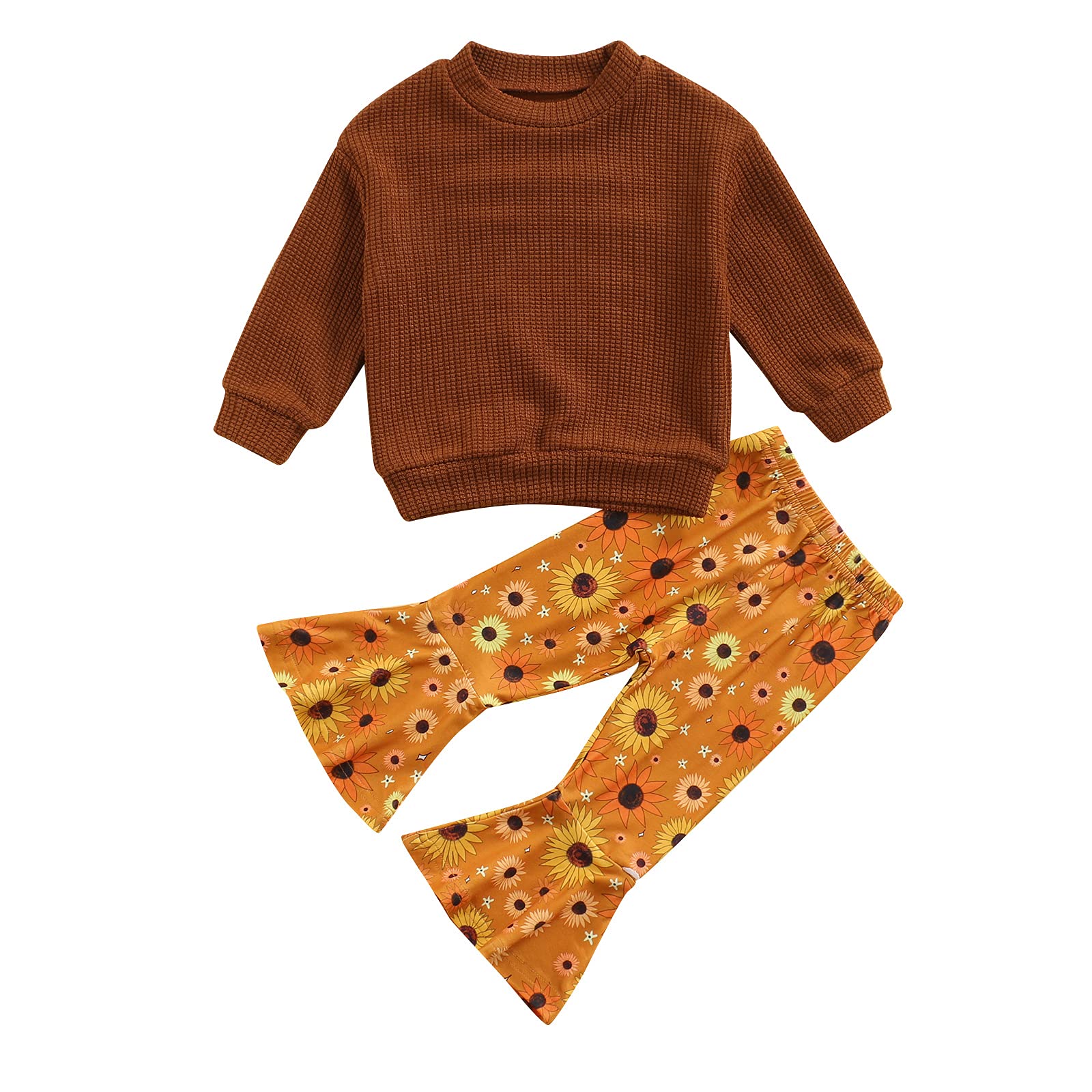 2Pcs Baby Girl Clothes Set - Long Sleeve Waffle Sweatshirt & Sunflower Bell Bottoms for Toddlers | Fall Winter Outfits | Playdate & Holiday Wear