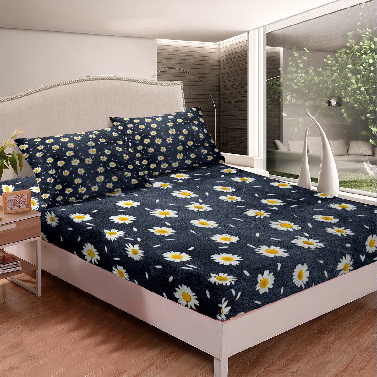 Queen Size Daisy Blossom Floral Printed Bed Sheet Set - Ultra Soft Fitted Sheet for Teens, Botanical Themed Bedding with Natural Decor - Perfect for Teen Bedrooms, Dorm Rooms & Cozy Home Decor