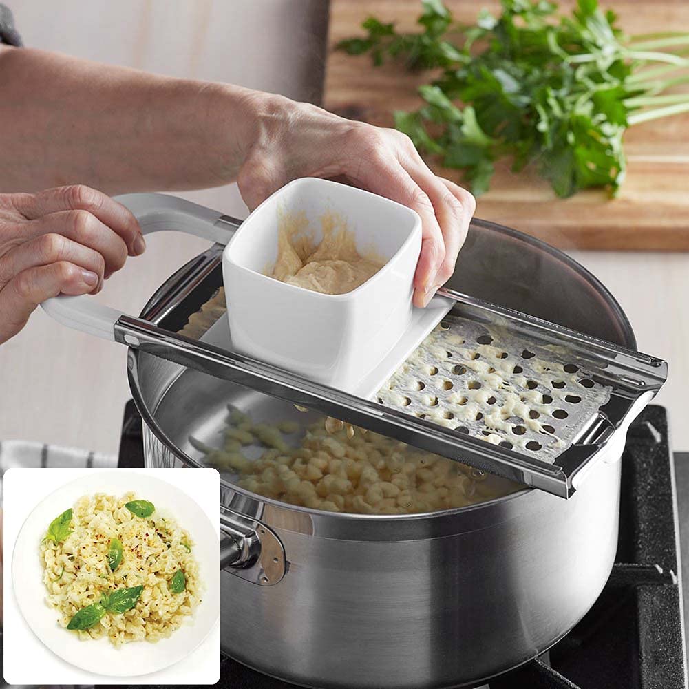 Premium Stainless Steel Spaetzle Maker & Noodle Press - German Dumpling Maker with Safety Pusher & Silicone Spatula - Perfect for Homemade Pasta, Spaetzle, Dumplings & Asian Noodles - Ideal Kitchen Tool for German, Italian & Asian Cuisine