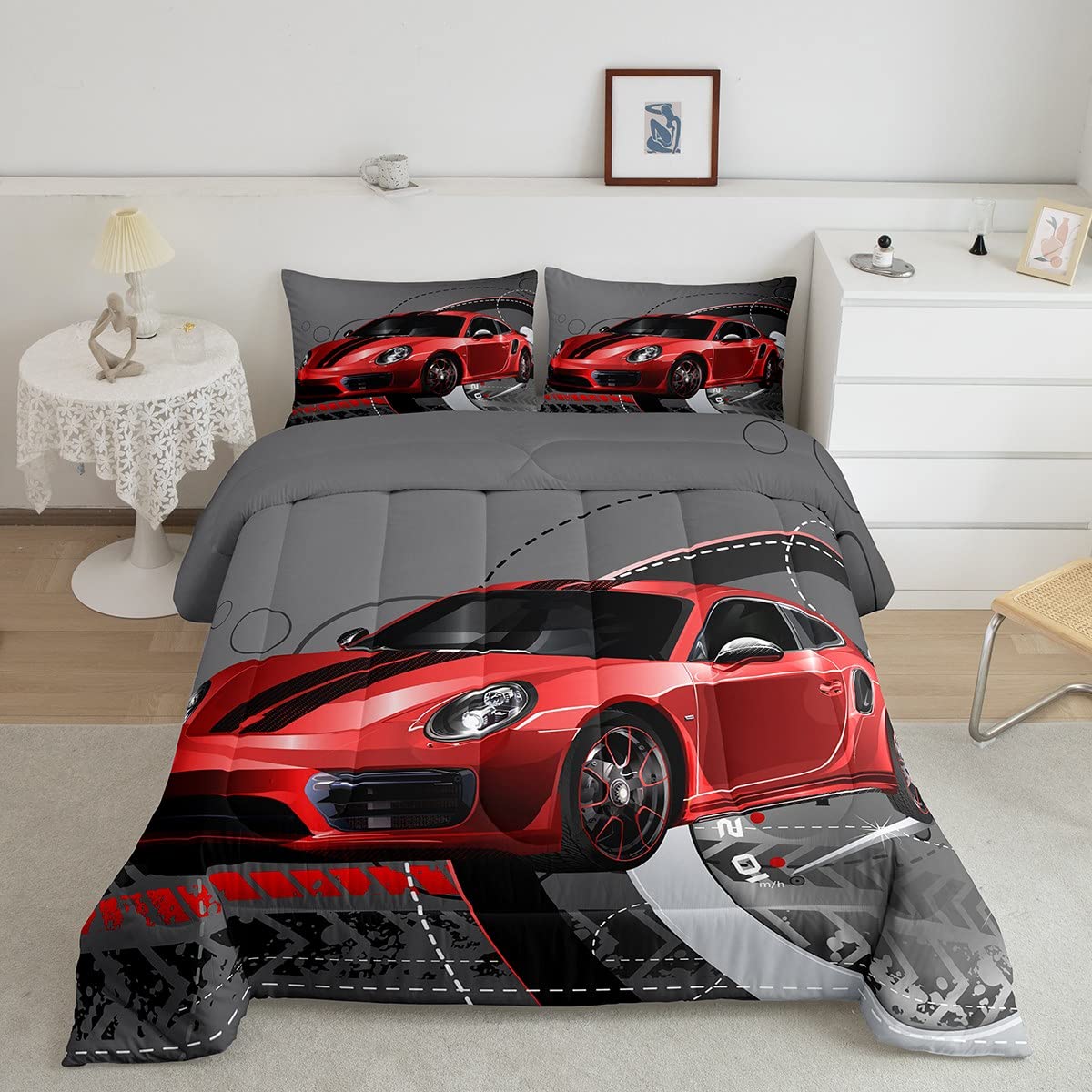 Feelyou Red Race Car Comforter Set - Twin Size Sports Car Bedding for Kids Boys & Girls | Extreme Speed Themed Duvet Cover with 1 Pillowcase (2PC) | Perfect for Kids' Bedroom, Racing Theme Decor & Gift