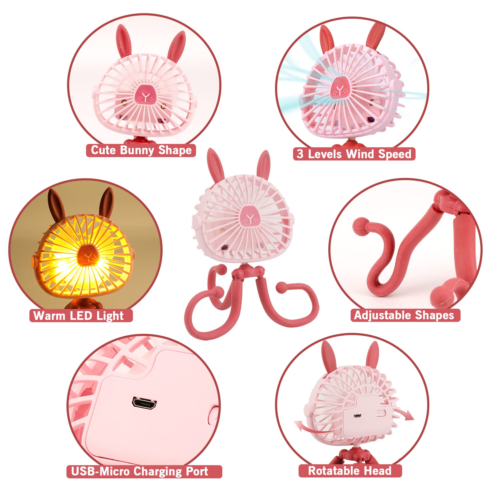 Rechargeable Clip-On Stroller Fan with LED Light & Bunny Ears - Flexible Tripod, 360° Rotatable, USB Powered Portable Fan for Baby Car Seat, Crib, Bicycle, Treadmill | Perfect for Outdoor Activities, Travel & Nursery Comfort