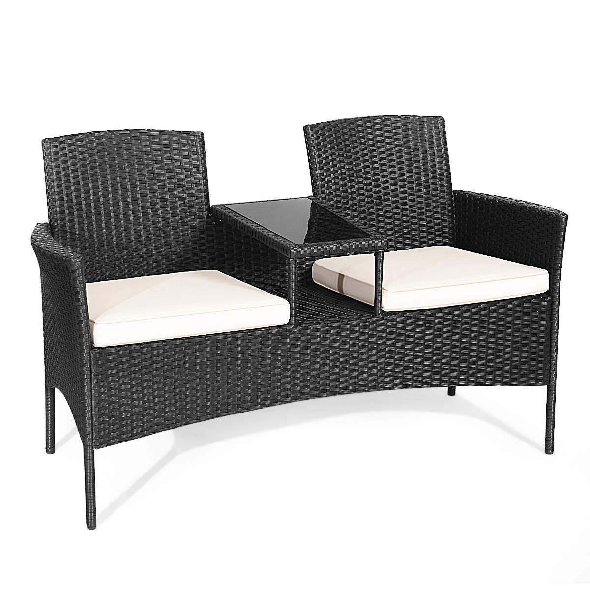 Modern White Outdoor Rattan Loveseat Sofa Set with Cushions & Glass Table - Patio Conversation Furniture for Garden, Lawn, Backyard - Perfect for Relaxing, Entertaining Guests, and Enjoying Outdoor Gatherings