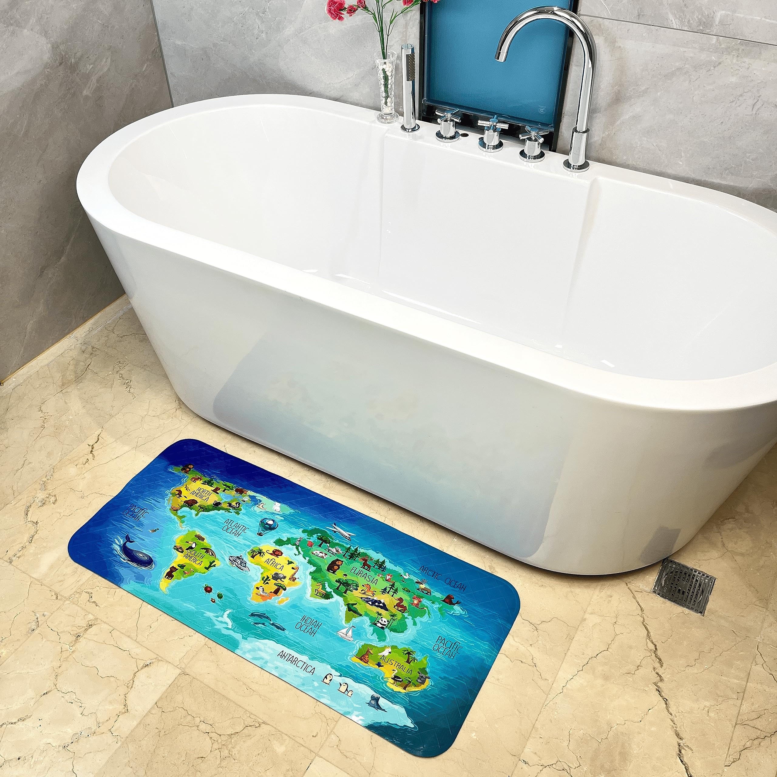 Non-Slip Cartoon Kids Bath Mat - Extra Large 35x16 Inch Bathtub Mat, Anti-Slip Shower Floor Mat for Bathroom Safety - Perfect for Kids' Bath Time Fun & Bathroom Decor (Map Design)