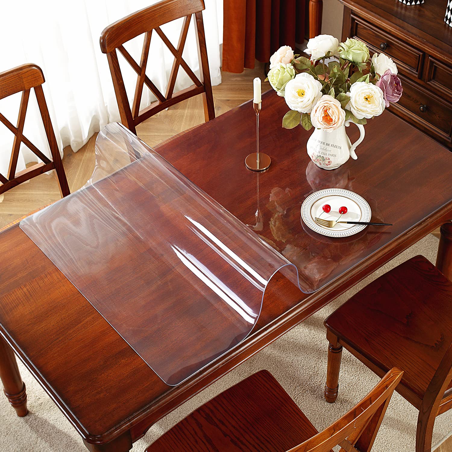 OstepDecor 1.5mm厚透明桌布保护垫，44x84英寸塑料餐桌罩，适用于餐厅、厨房木质餐桌，防水防油防刮擦，提升家居用餐体验