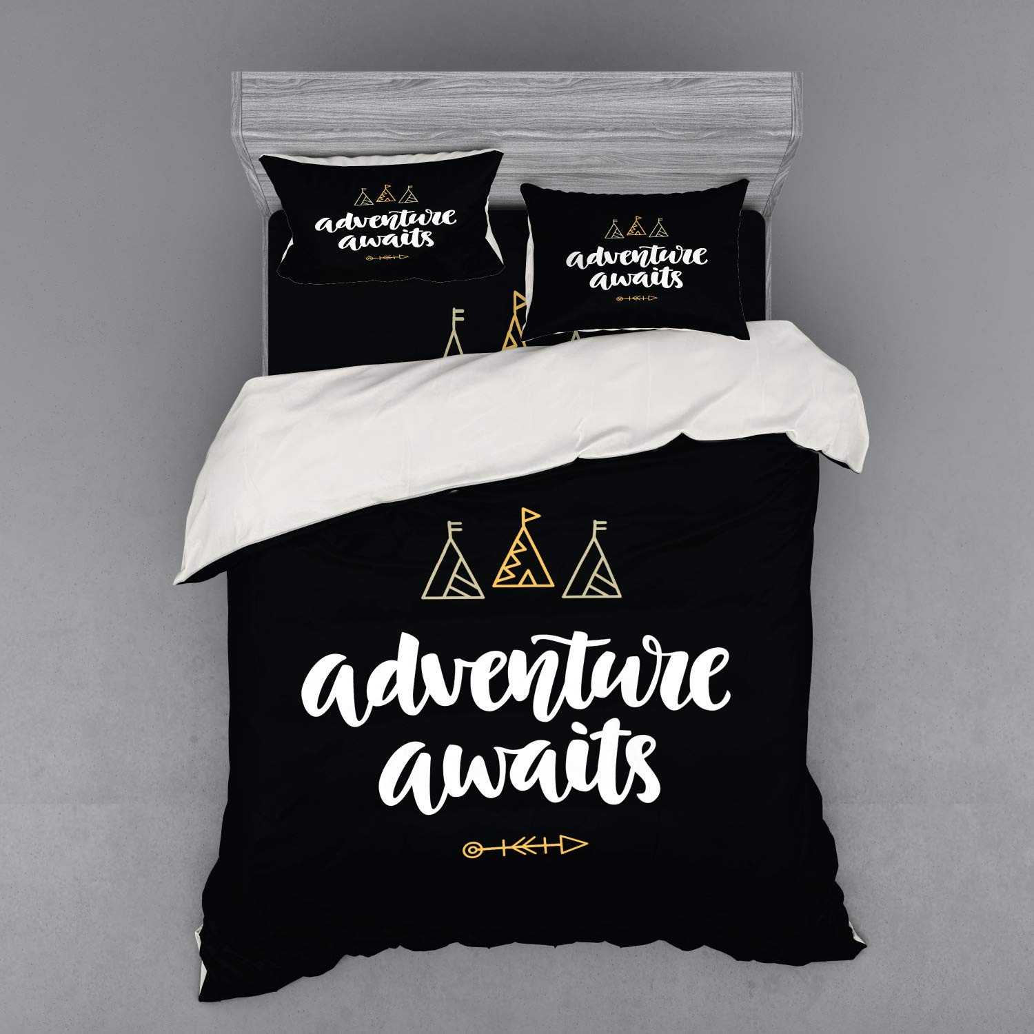 Ambesonne Bohemian Adventure Duvet Cover Set - 4 Piece Queen Size Bedding with Modern Calligraphy & Tribal Doodle Tents Design in Pale Orange & White | Perfect for Boho Chic Bedrooms, Guest Rooms & Adventure-Themed Decor